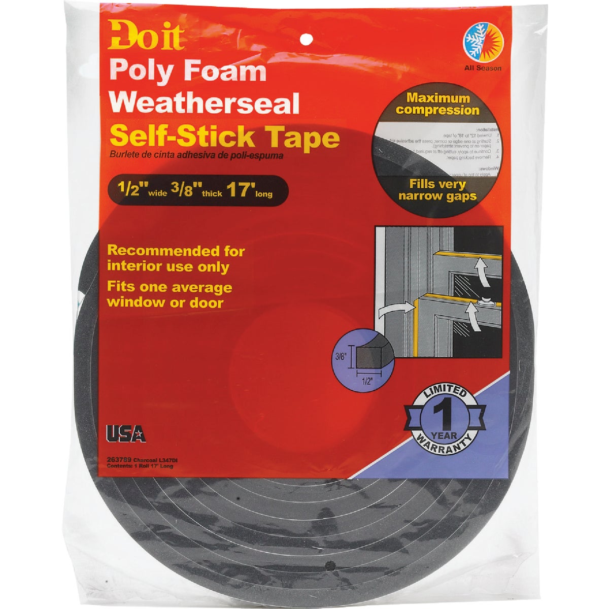 Frost King 1/2 In. Wide x 3/8 In. Thick x 17 Ft. Long Charcoal Poly Foam Weatherstrip Tape Image 3