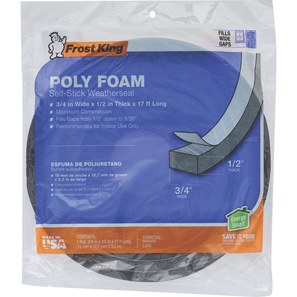Frost King 3/4 In. W x 1/2 In. T x 17 Ft. L Charcoal Poly Foam Weatherstrip Tape Image 2