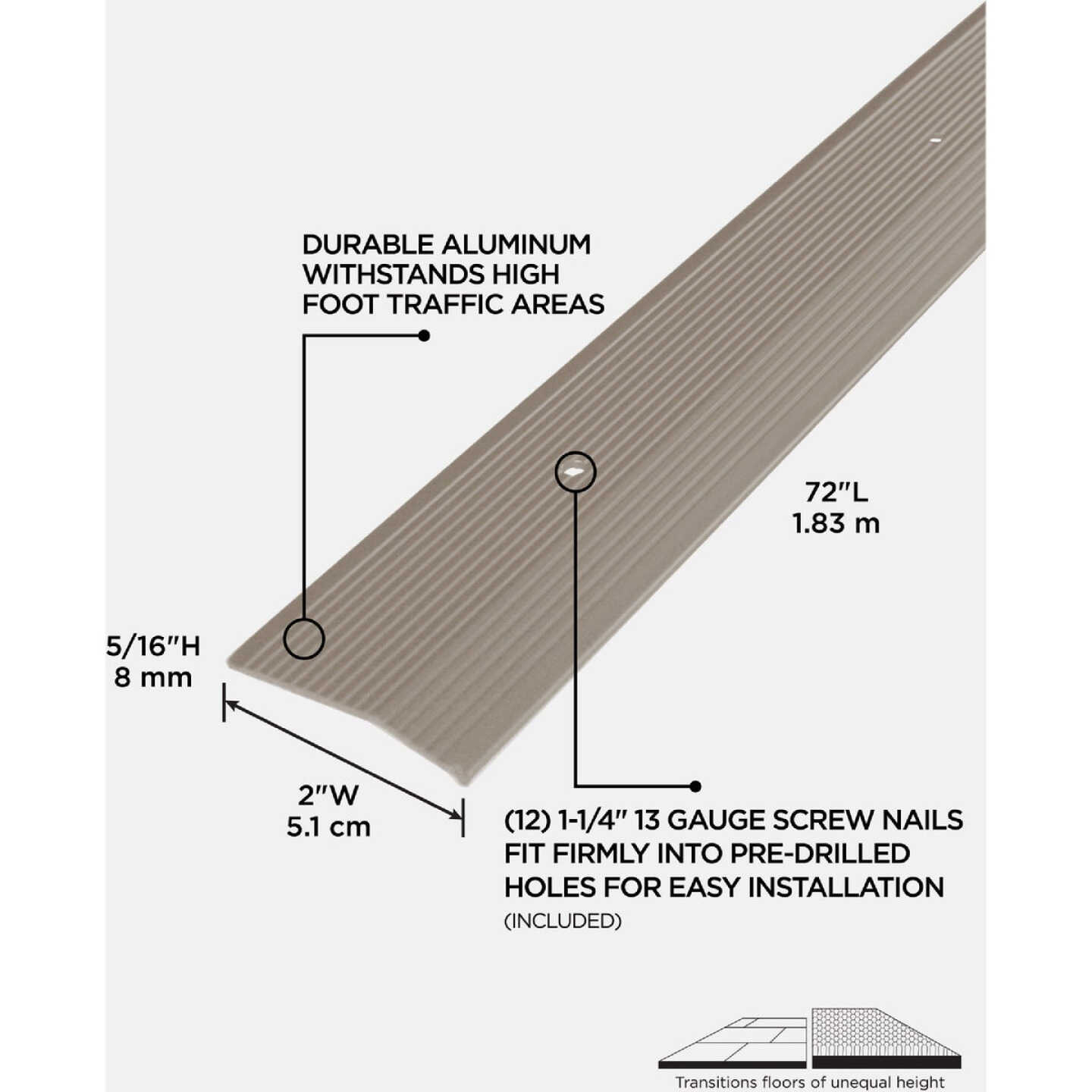 M-D Building Products 2 In. X 72 In. Pewter Aluminum Carpet Trim with Screw Nails Image 2
