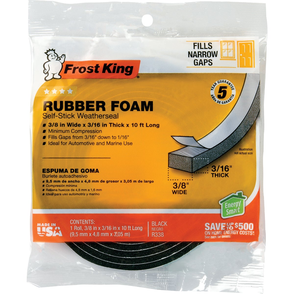 Frost King 3/8 In. Wide x 3/16 In. Thick x 10 Ft. Long Black Rubber Foam Weatherstrip Tape