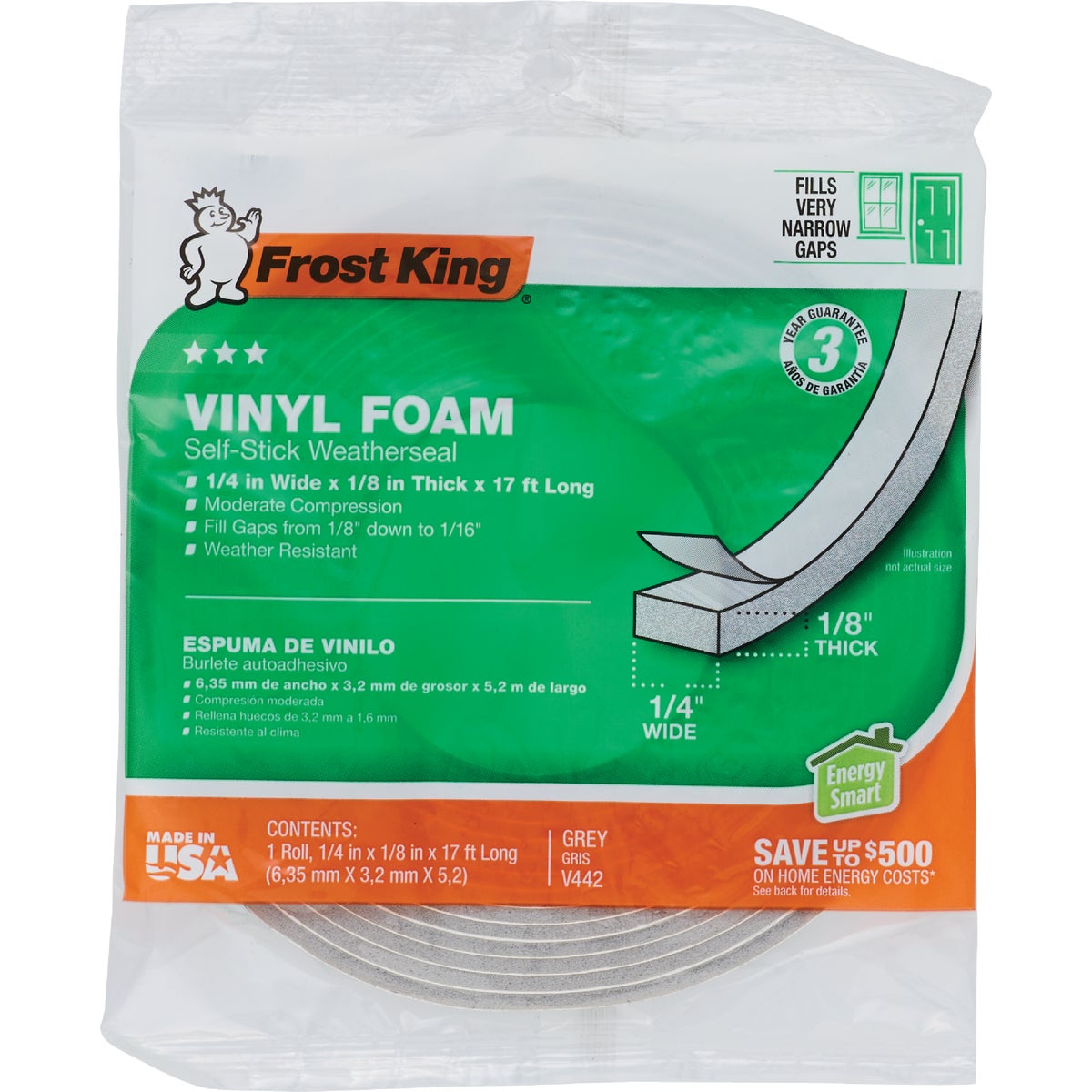 Frost King 1/4 In. Wide x 1/8 In. Thick x 17 Ft. Long Grey Vinyl Foam Weatherstrip Tape Image 2