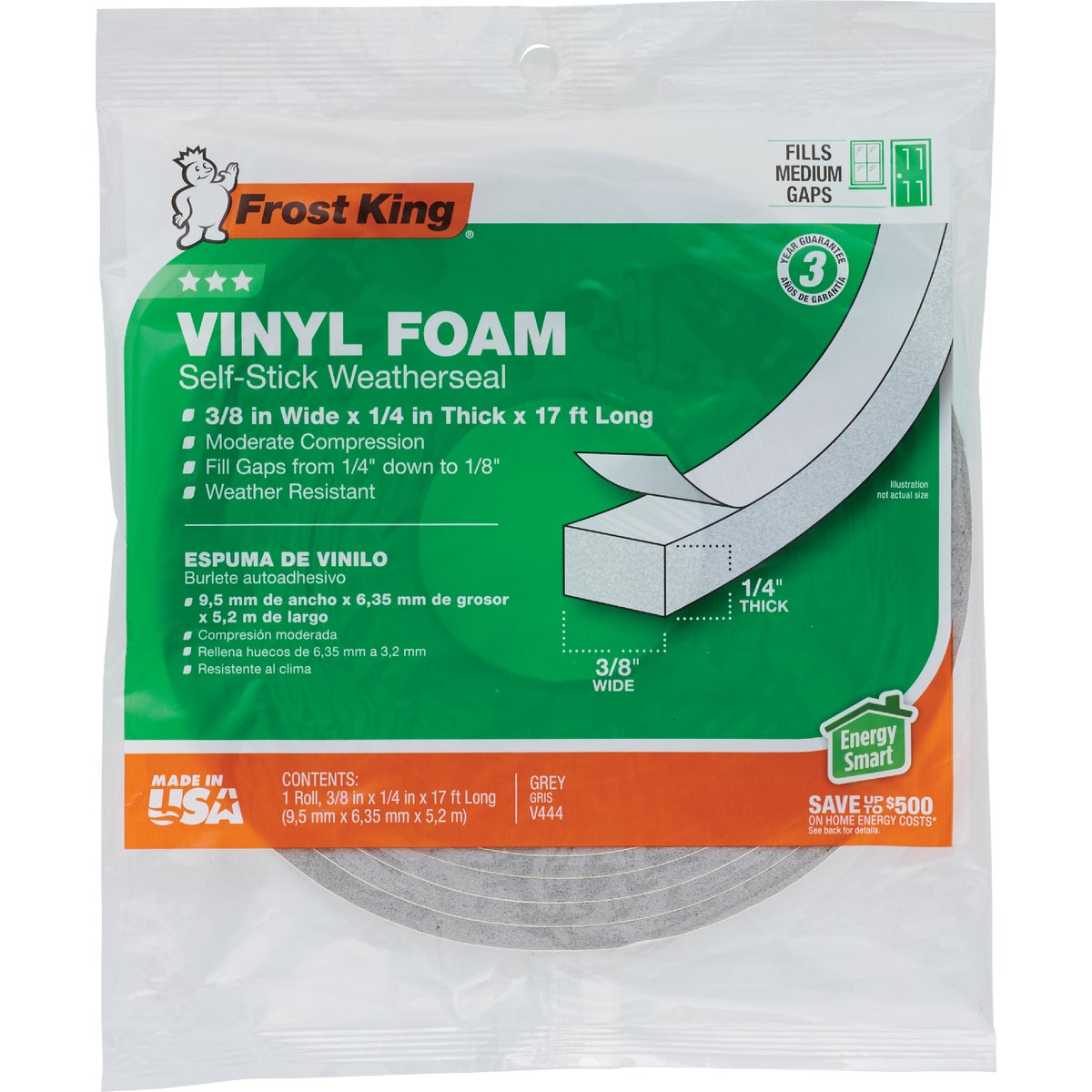 Frost King 3/8 In. W x 1/8 In. T x 17 Ft. L Gray Vinyl Foam Weatherstrip Tape Image 2