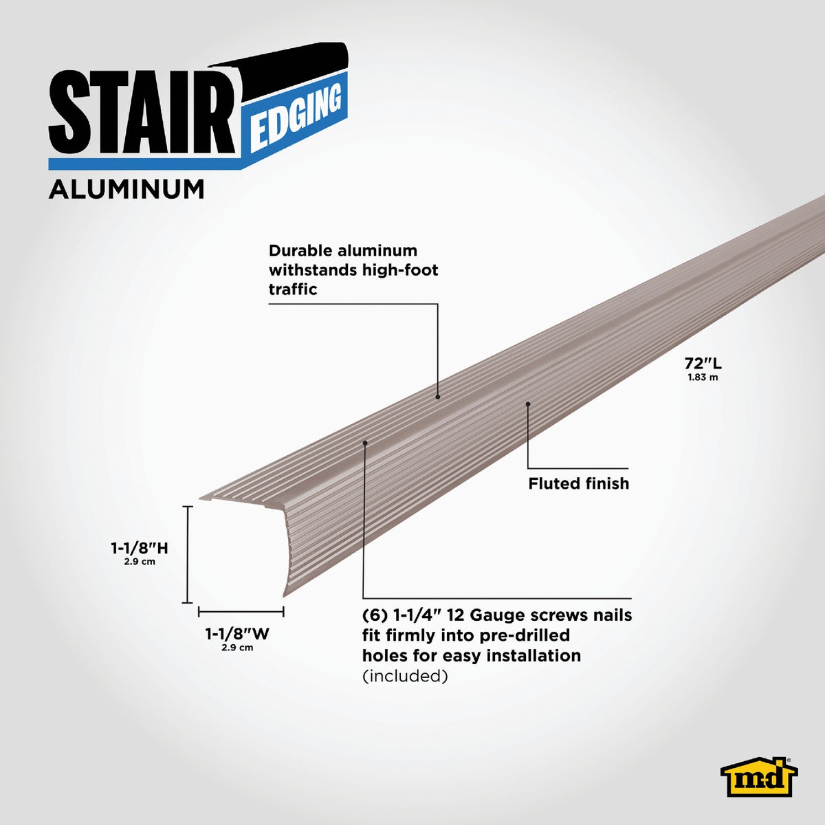 M-D Building Products 1-1/8 In. X 1-1/8 In. X 72 In. Pewter Aluminum Stair Edging with Screw Nails Image 2