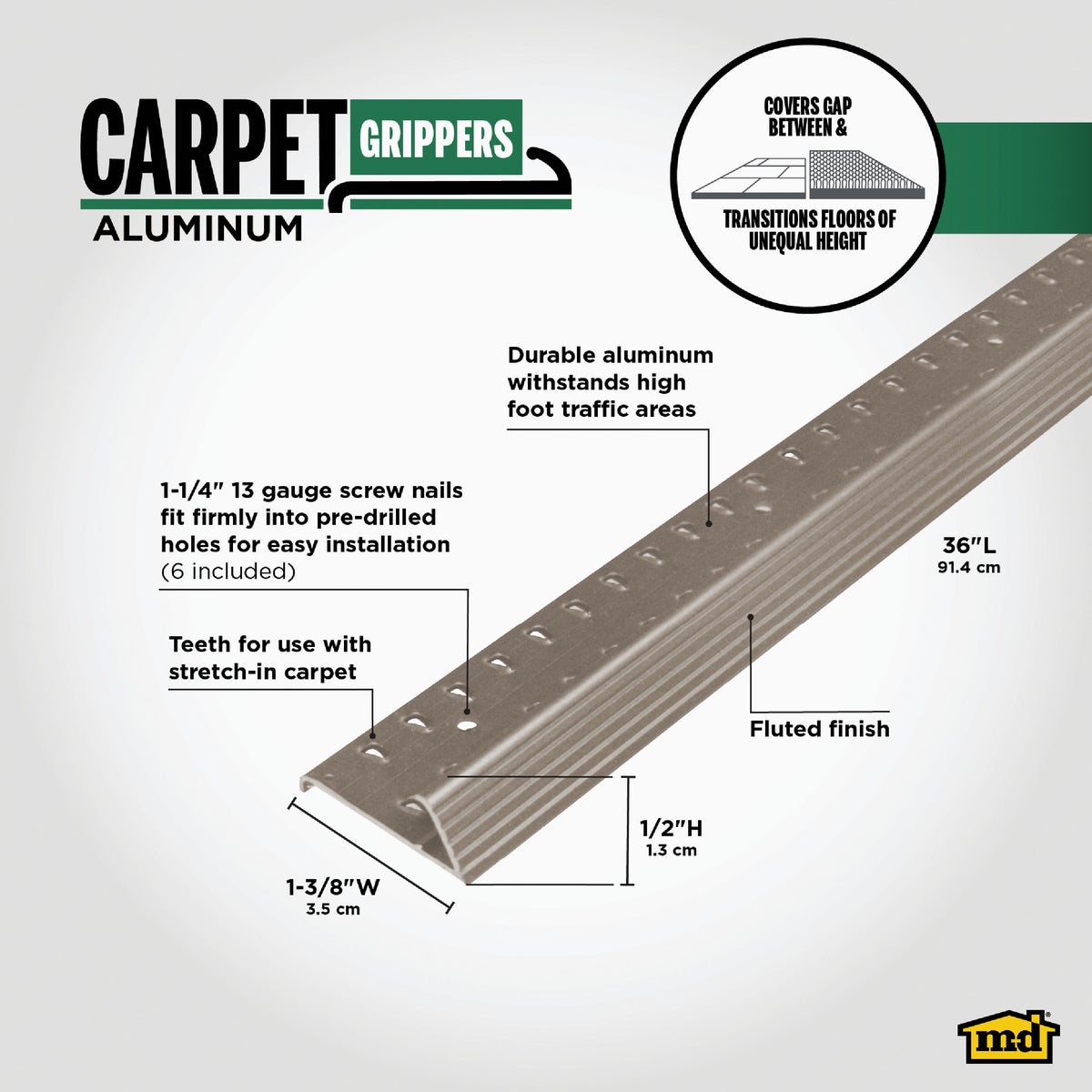 M-D Building Products Pewter 1-3/8 In. x 3 Ft. Aluminum Carpet Gripper Image 2