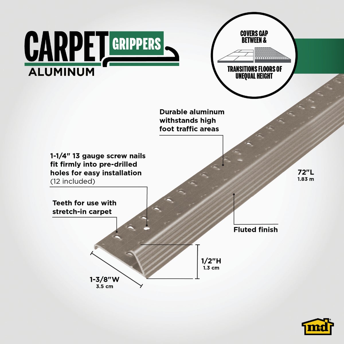 M-D Building Products Pewter 1-3/8 In. x 6 Ft. Aluminum Carpet Gripper Image 2
