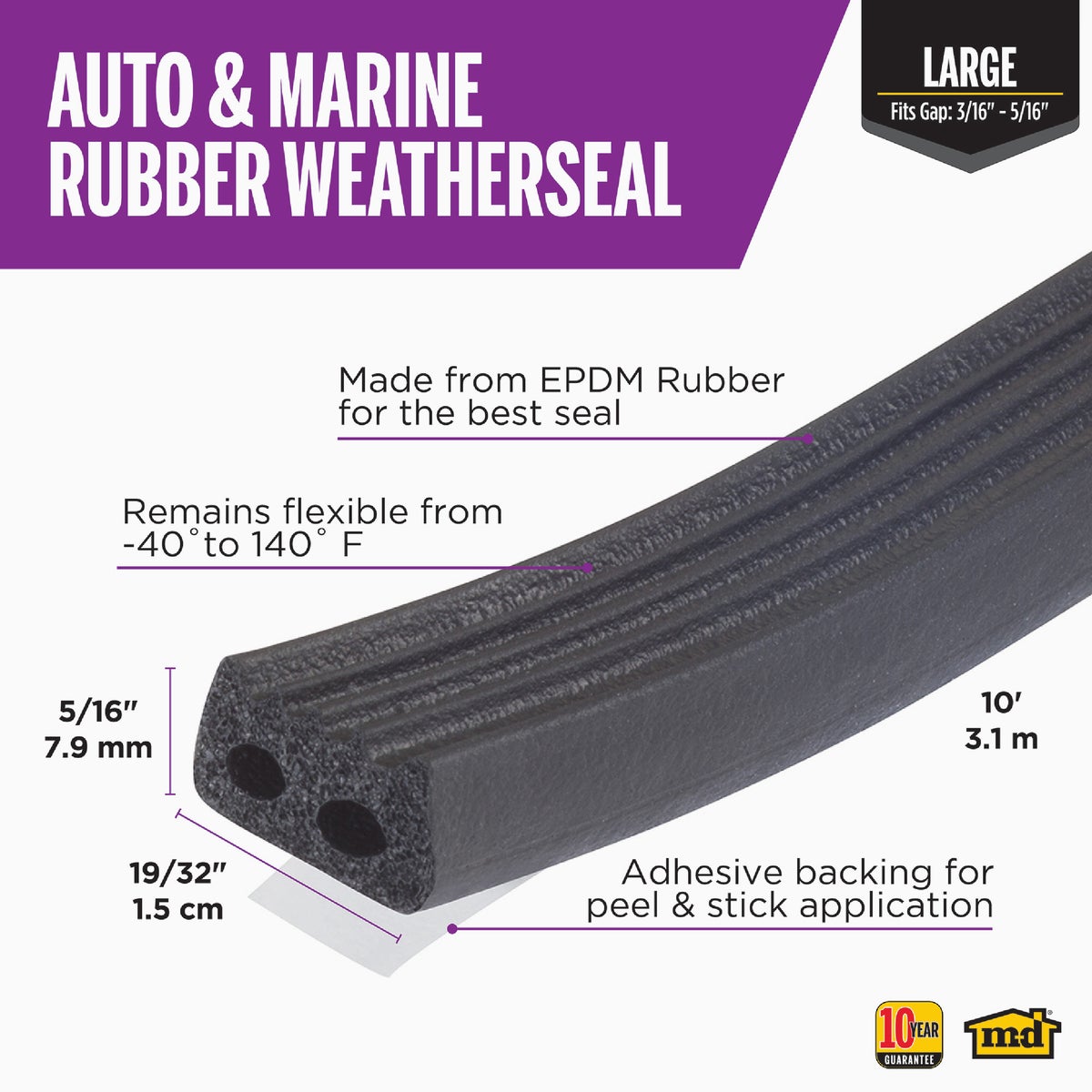 M-D Building Products 10 Ft. Black Large Rubber Auto & Marine Weatherseal for All Climates Image 2