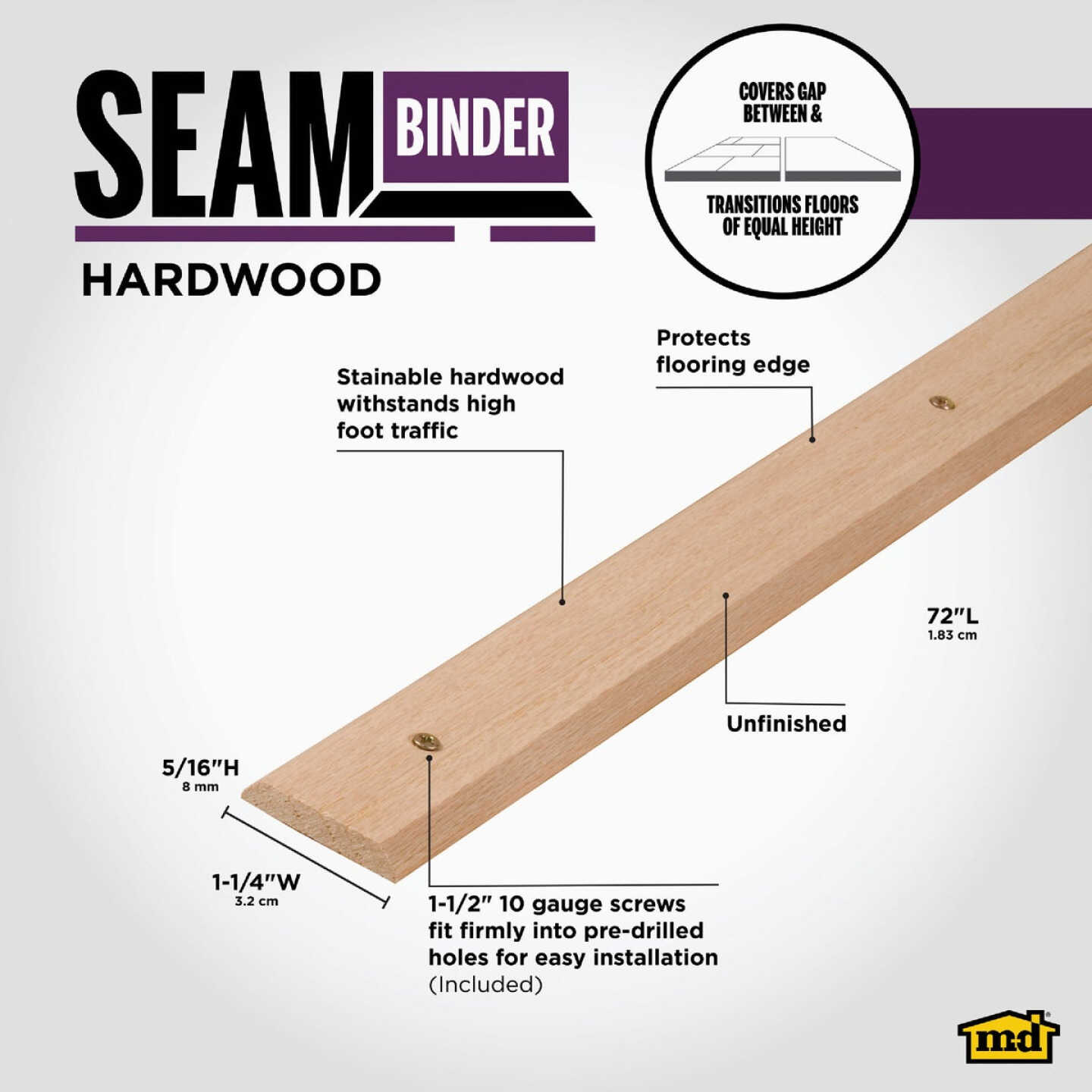 M-D Building Products 1-1/4 in. x 72 in. Unfinished Hardwood Seam Binder with Screws Image 2