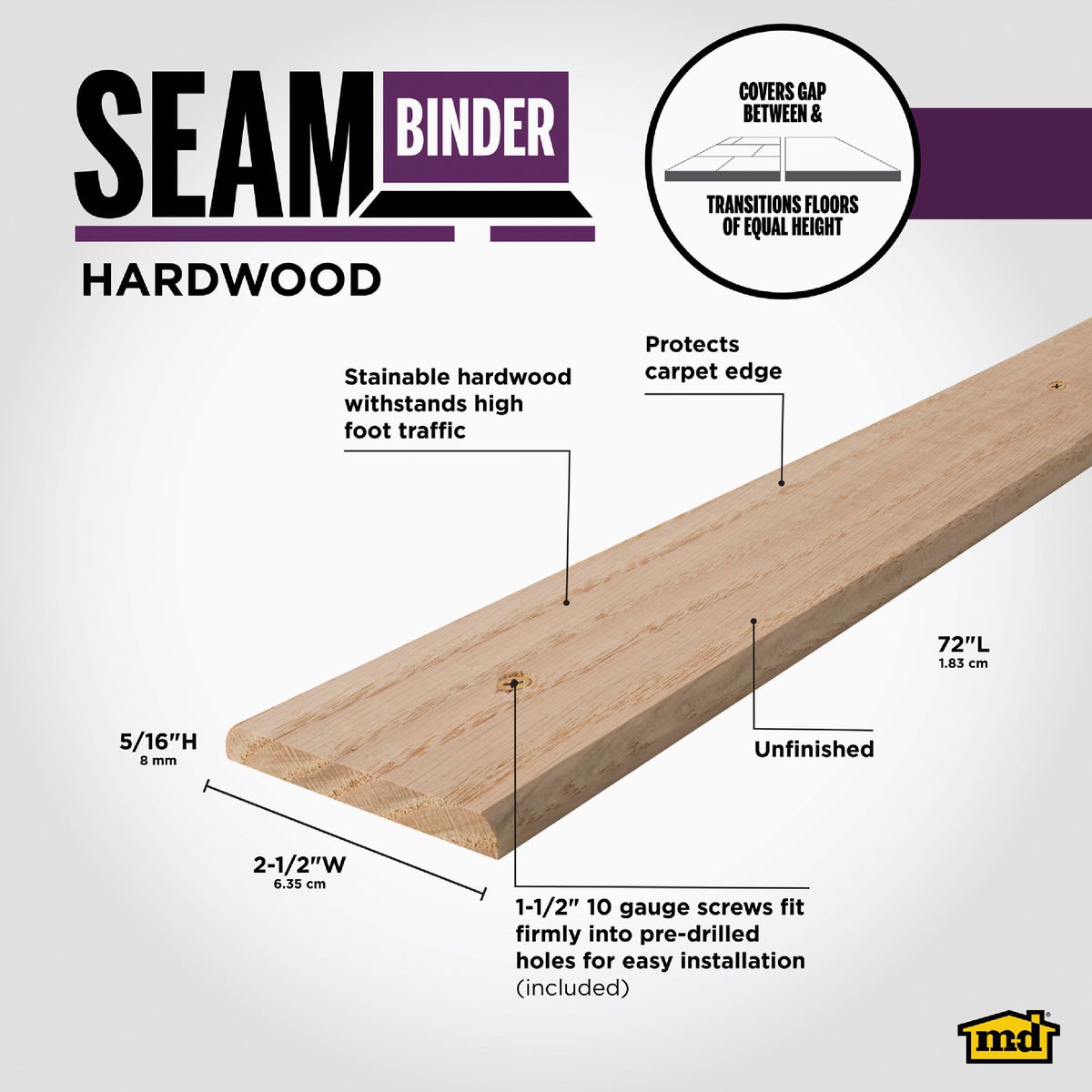 M-D Building Products 2-1/2 In. x 72 In. Unfinished Hardwood Seam Binder with Screws Image 2