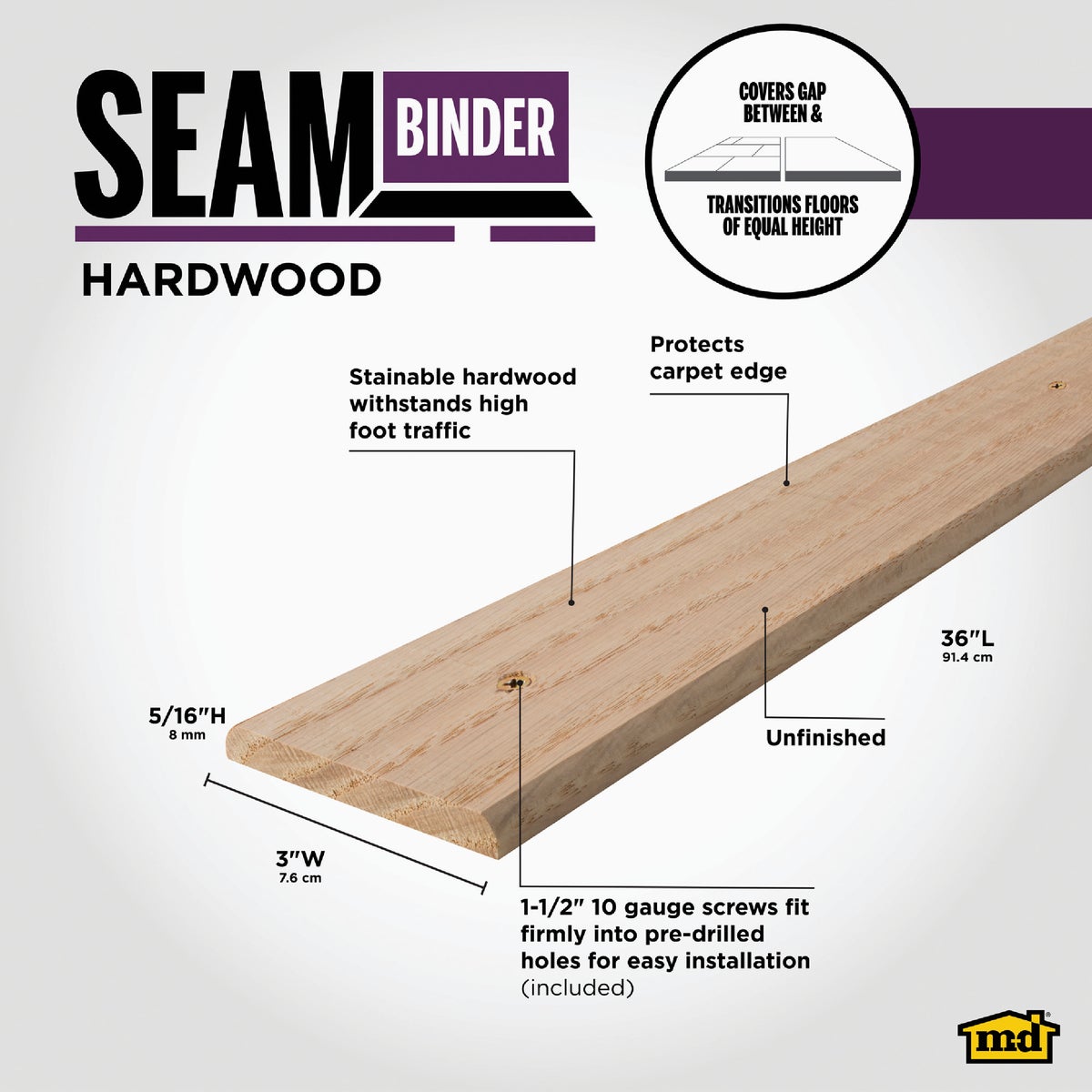M-D Building Products 3 In. x 36 In. Unfinished Hardwood Seam Binder with Screws Image 2