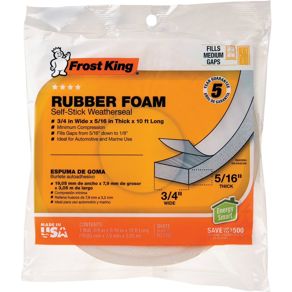Frost King 3/4 In. Wide x 5/16 In. Thick x 10 Ft. Long White Rubber Foam Weatherstrip Tape Image 1