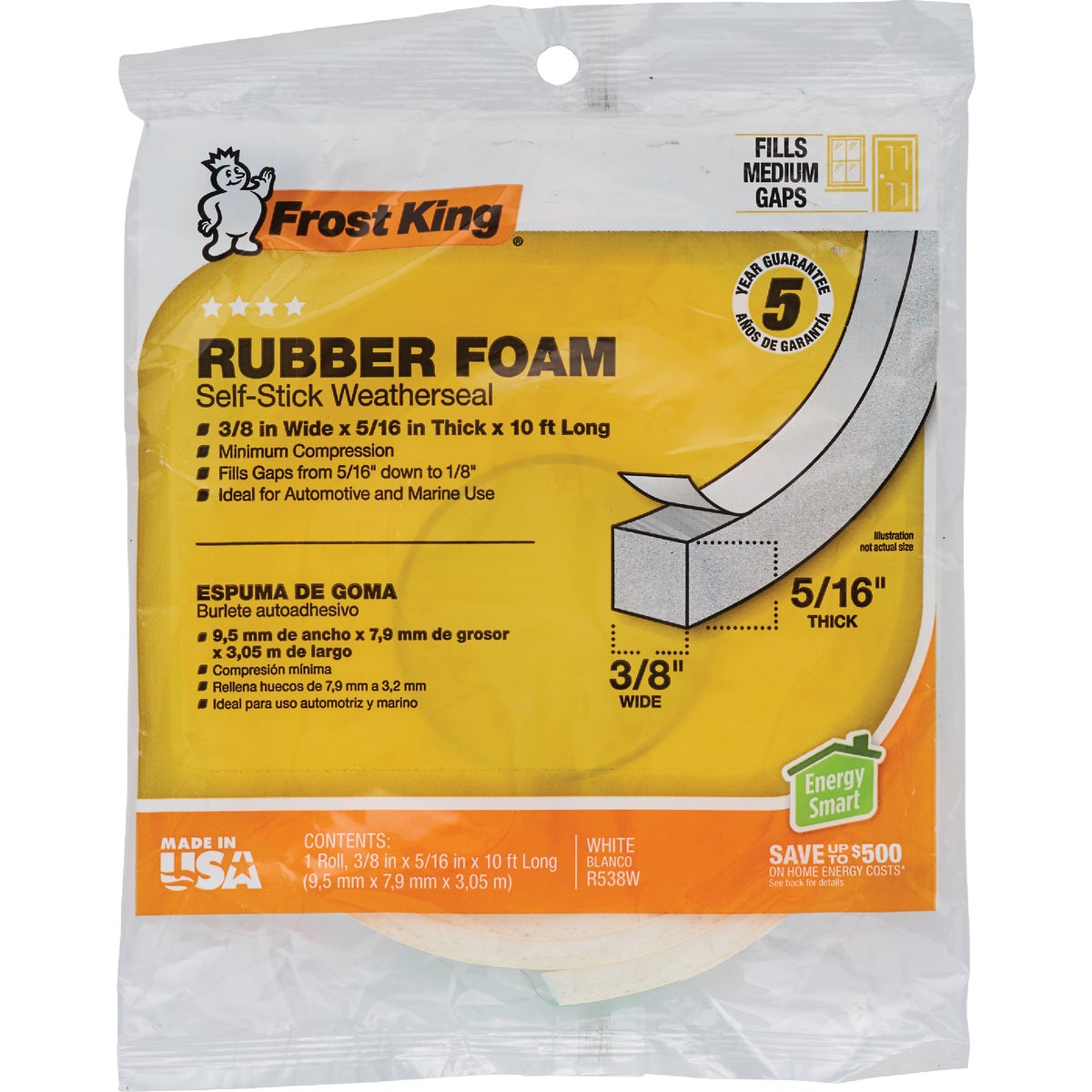 Frost King 3/8 In. Wide x 5/16 In. Thick x 10 Ft. Long White Rubber Foam Weatherstrip Tape Image 2