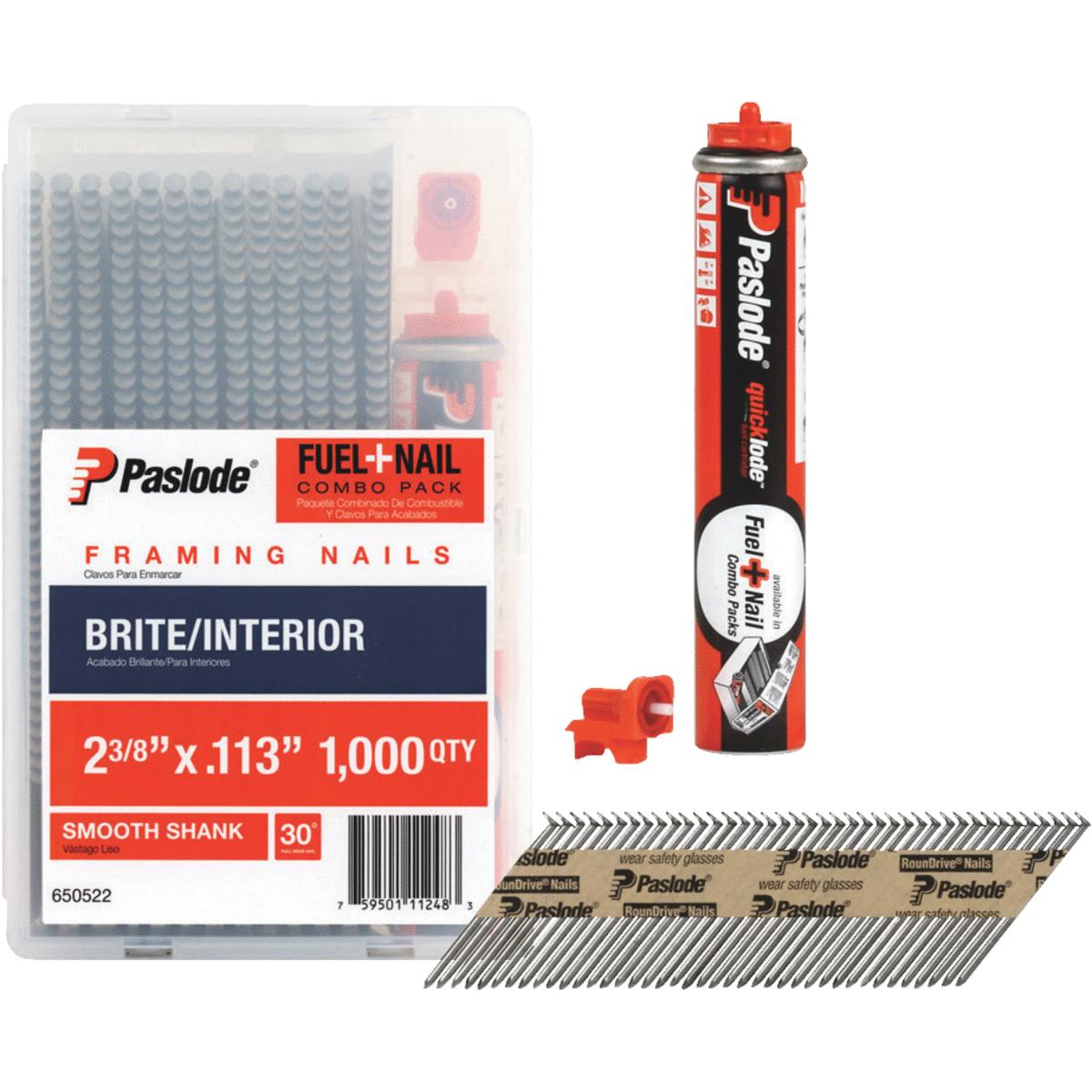 Paslode 30 Degree Bright Smooth Shank Framing Nail & Fuel Combo Pack, 2-3/8 In. x .113 In. (1000-Pac
