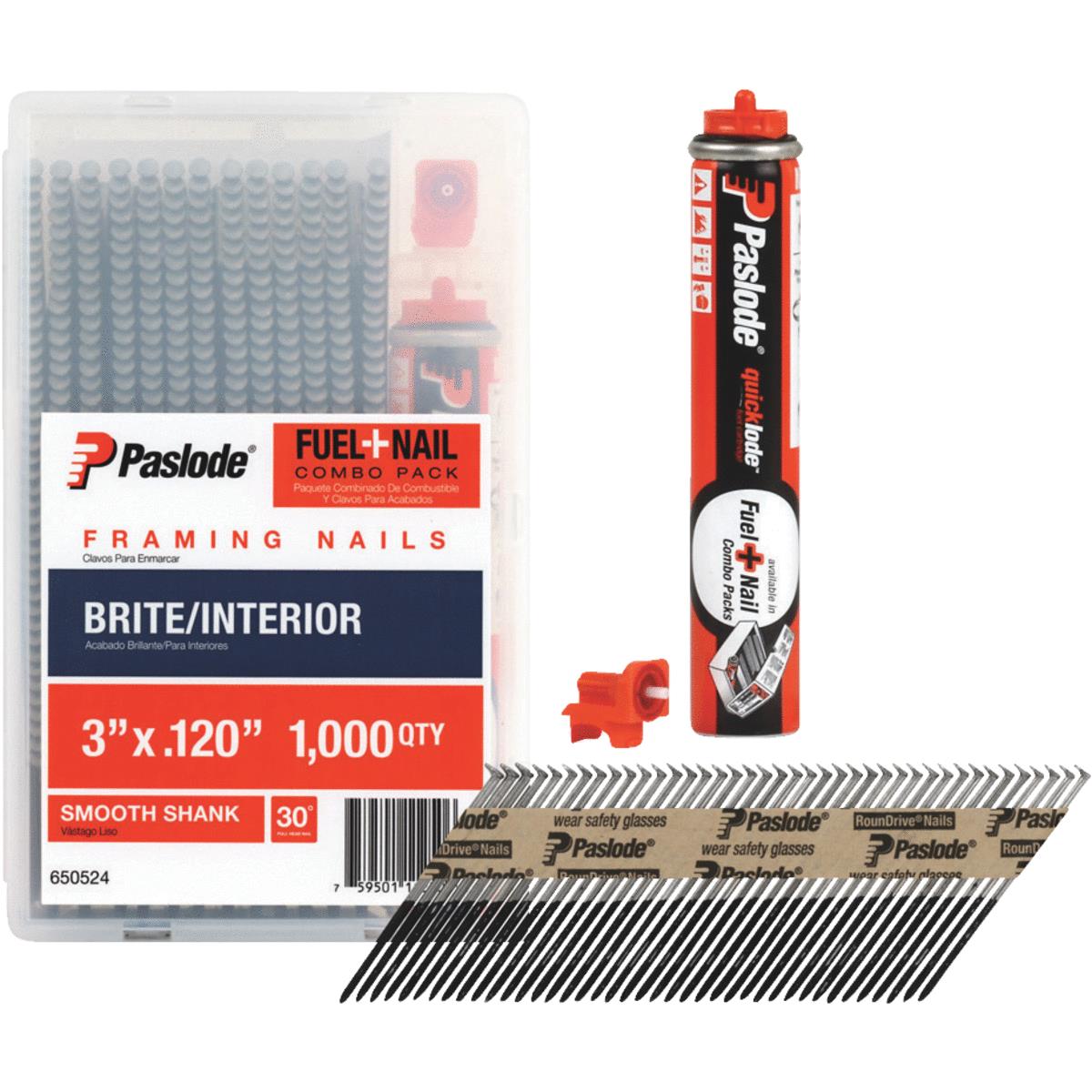 Paslode 30 Degree Bright Framing Nail & Fuel Combo Pack, 3 In. x .120 In. (1000-Pack Nails + 1 Fuel  Image 1