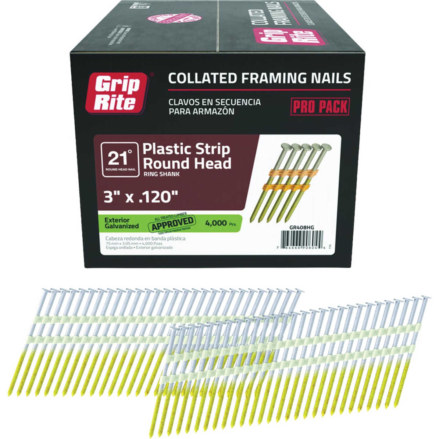 Grip-Rite 3 In. x 0.120 In. 21 Deg. Hot Galvanized Round Head Ring Shank Plastic Strip Collated Framing Nail (4000-Count) Image 1