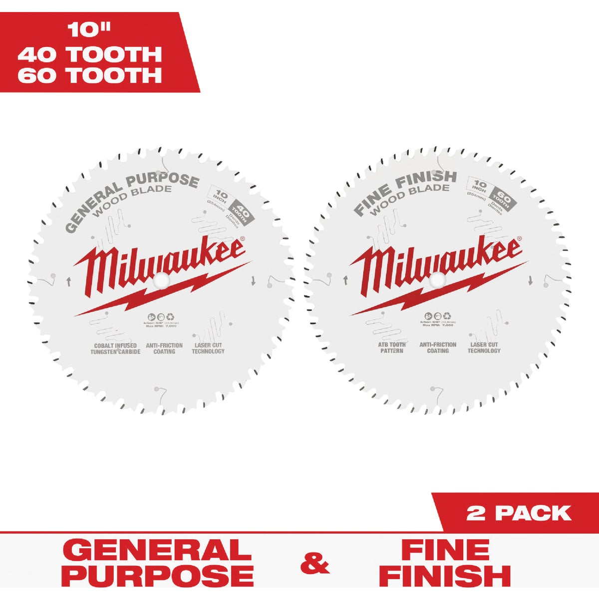 Milwaukee 10 In. 40-Tooth General Purpose & 60-Tooth Fine Finish Wood Circular Saw Set Image 1