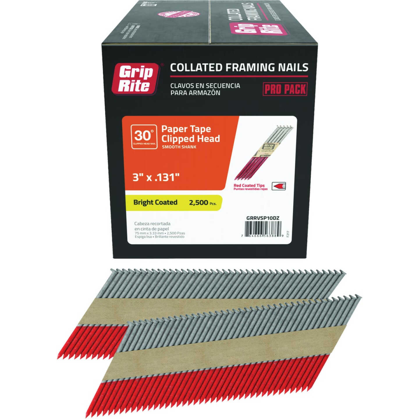 Grip-Rite 3 In. x 0.131 In. 30 Deg. Bright Coated Clipped Head Smooth Shank Paper Tape Collated Framing Nail (2500-Count) Image 1