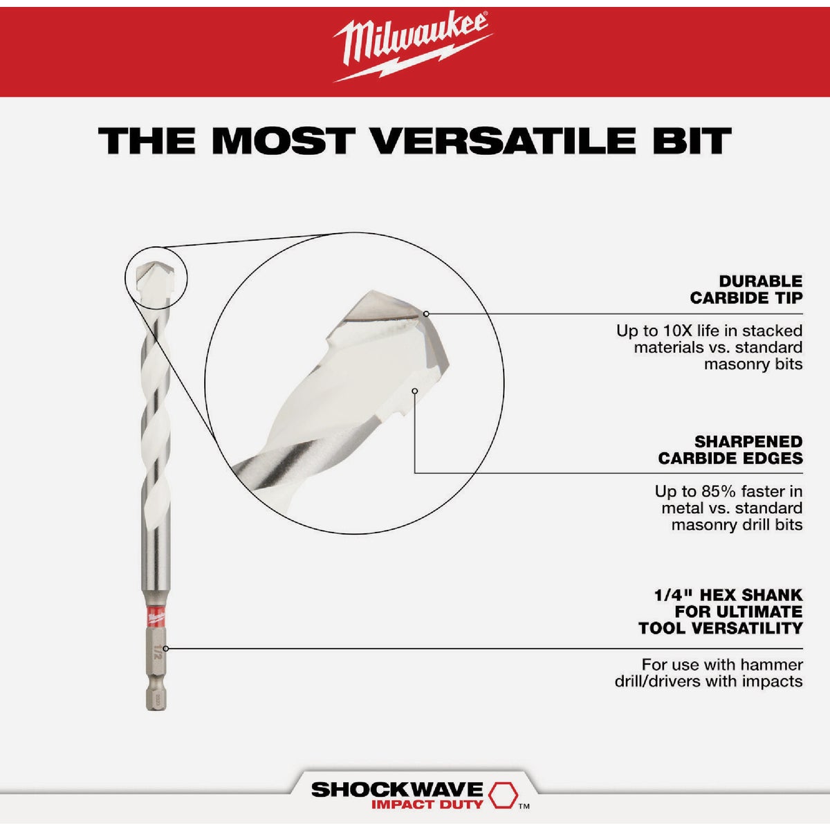 Milwaukee SHOCKWAVE 1/4 In. x 12 In. Impact Duty Carbide Multi-Material Hex Shank Drill Bit Image 2