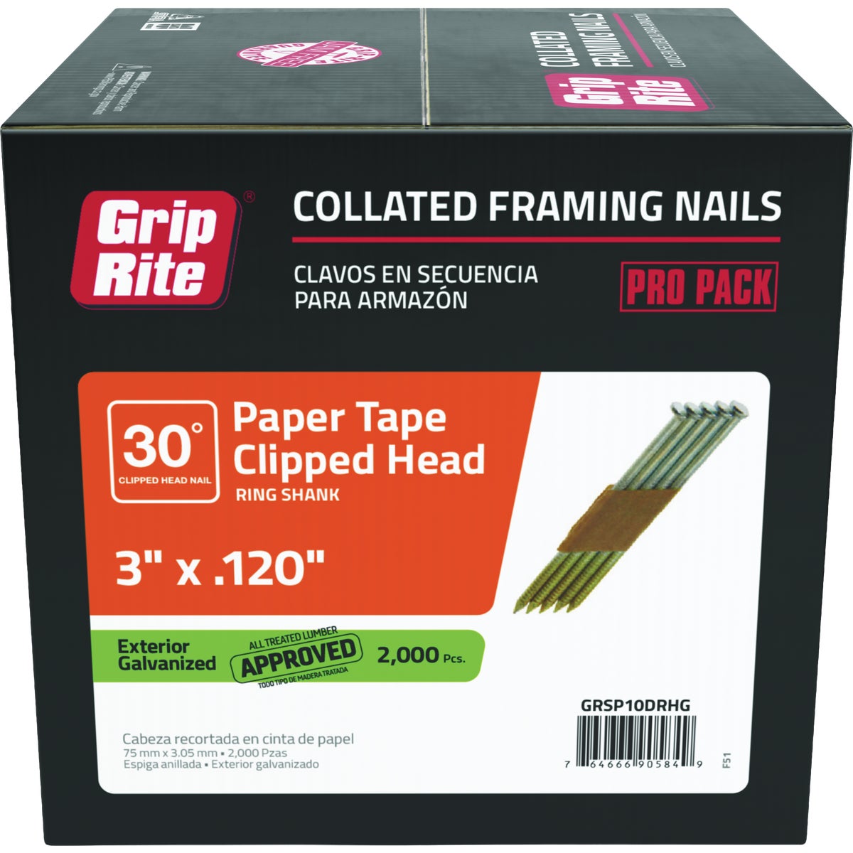 Grip-Rite 3 In. x 0.120 In. 30 Deg. Hot Galvanized Clipped Head Ring Shank Paper Tape Collated Framing Nail (2000-Count) Image 1