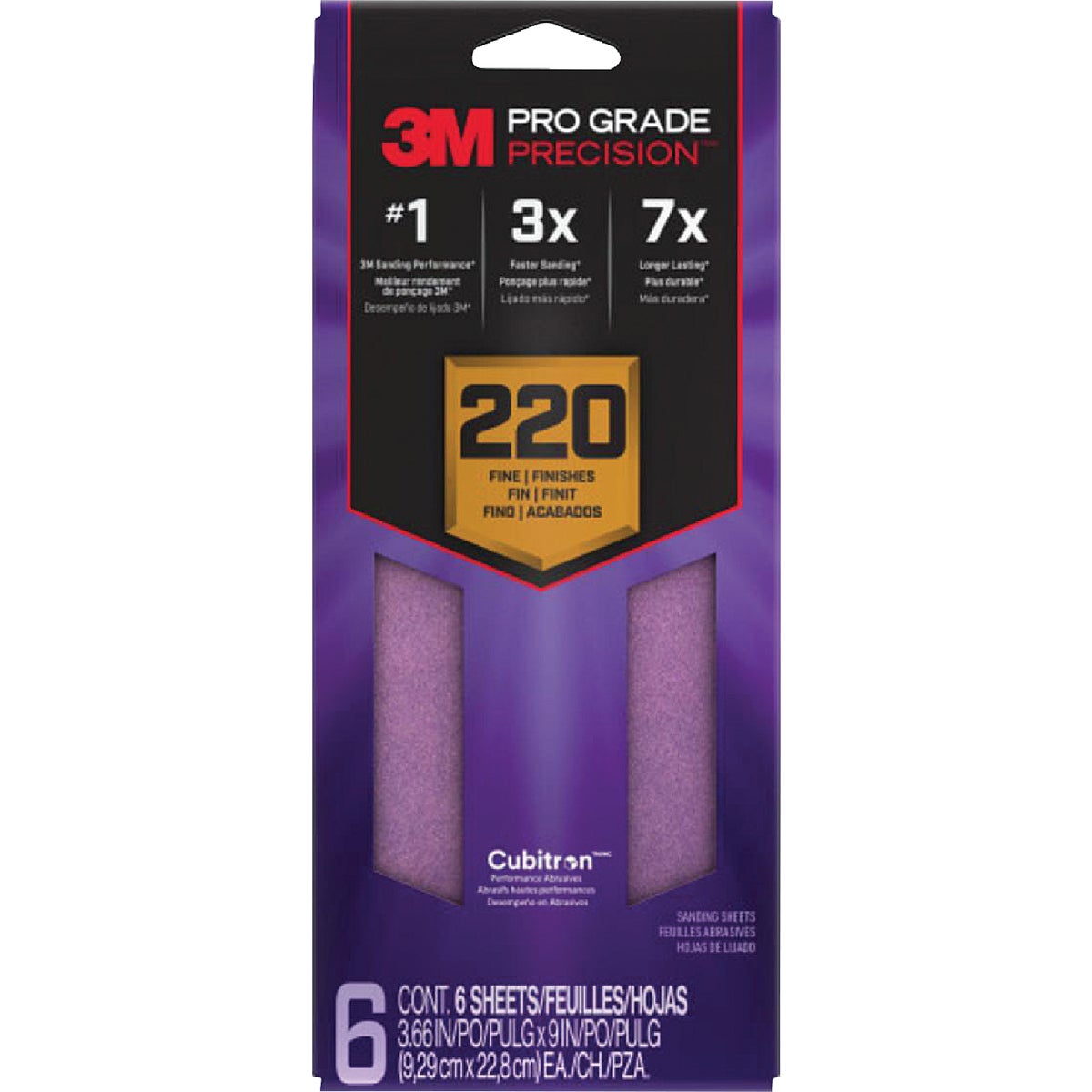 3M Pro Grade Precision 3-2/3 In. x 9 In. 220 Grit 1/3 Sheet Sandpaper with No-Slip Grip Backing (6-Pack)