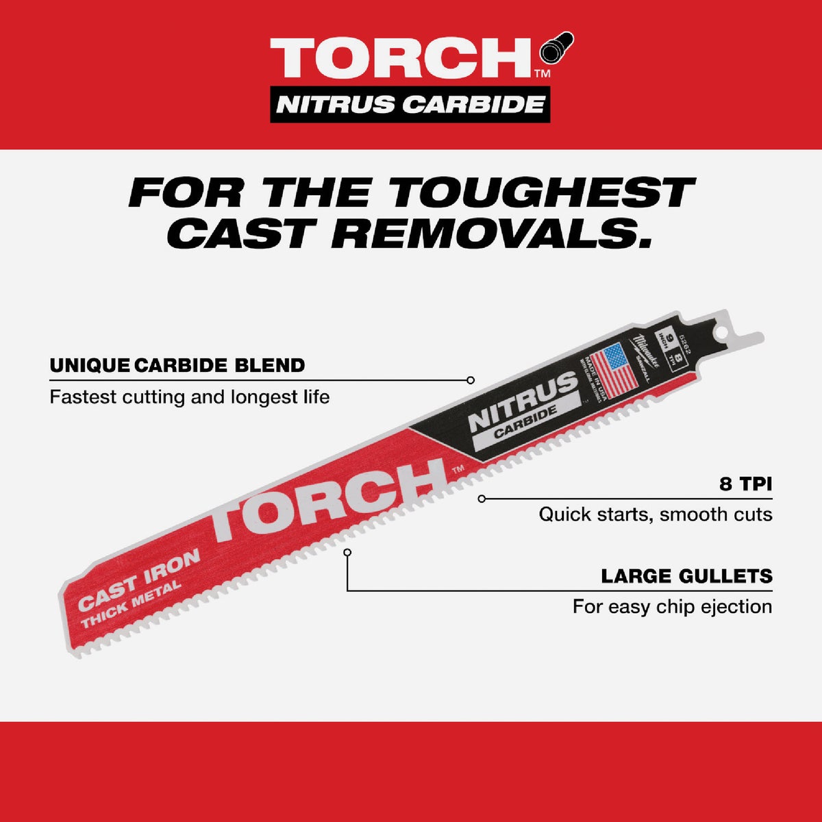 Milwaukee TORCH 12 In. 8 TPI NITRUS CARBIDE Teeth Metal Cutting Reciprocating Saw Blade Image 2