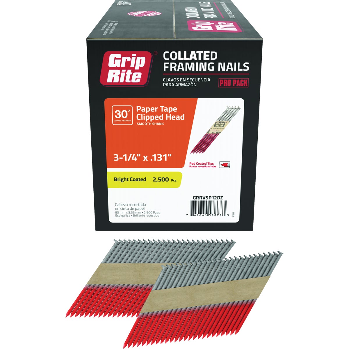 Grip-Rite 3-1/4 In. x 0.131 In. 30 Deg. Bright Coated Clipped Head Smooth Shank Paper Tape Collated Framing Nail (2500-Count) Image 1