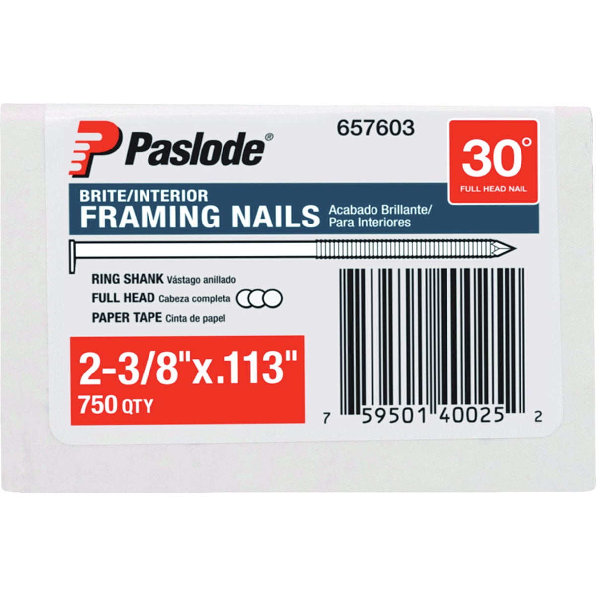Paslode 2-3/8 In. x 0.113 In. 30 Deg. Paper Tape Ring Shank Offset Roundrive Brite Collated Framing Nails (750-Count)