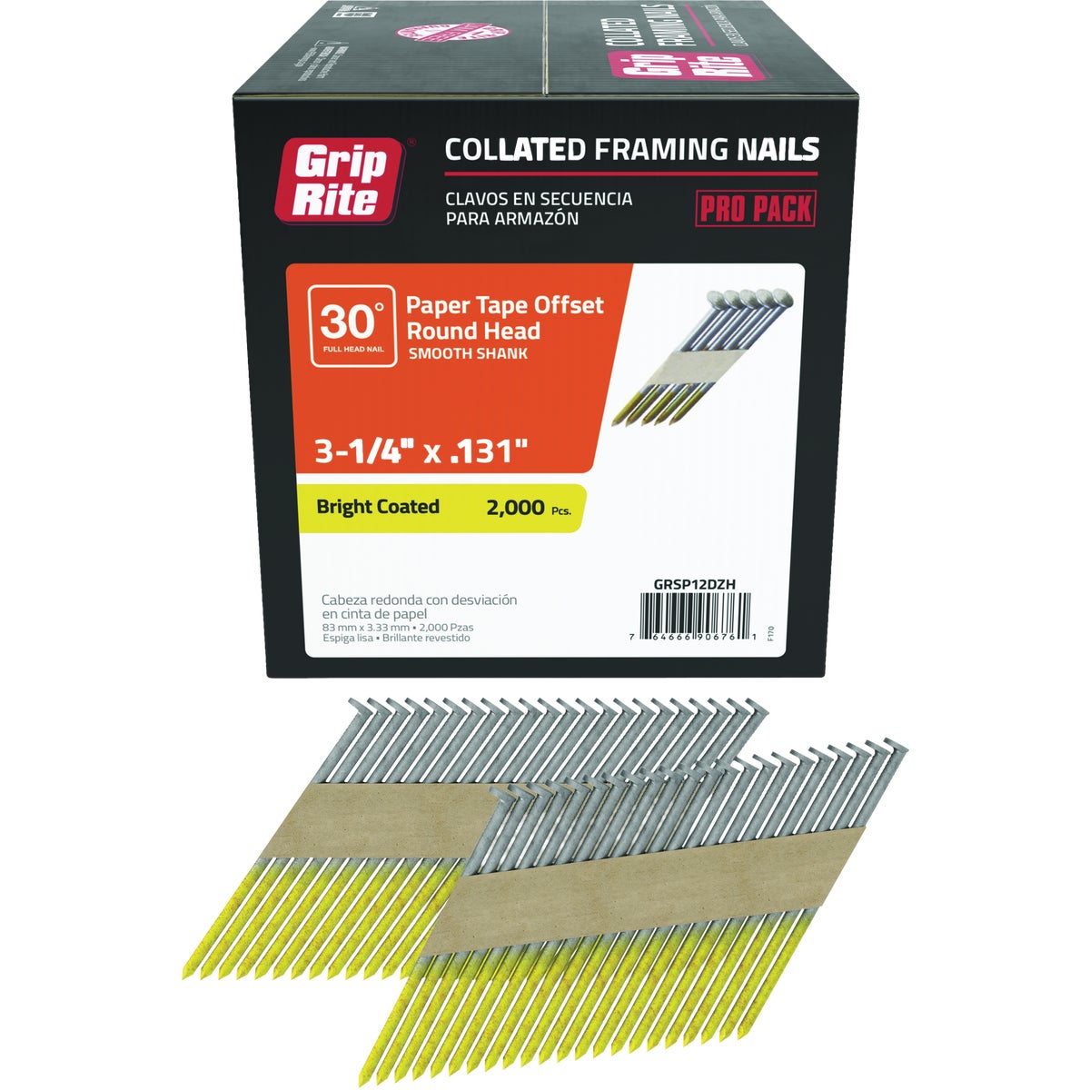 Grip-Rite 3-1/4 In. x 0.131 In. 30 Deg. Bright Coated Offset Round Head Smooth Shank Paper Tape Collated Framing Nail (2000-Count) Image 1