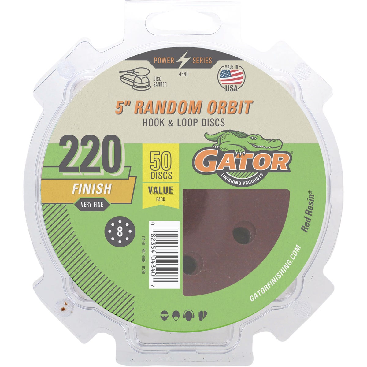 Gator 5 In. 8-Hole 320-Grit Hook & Loop Sanding Disc (50-Pack)