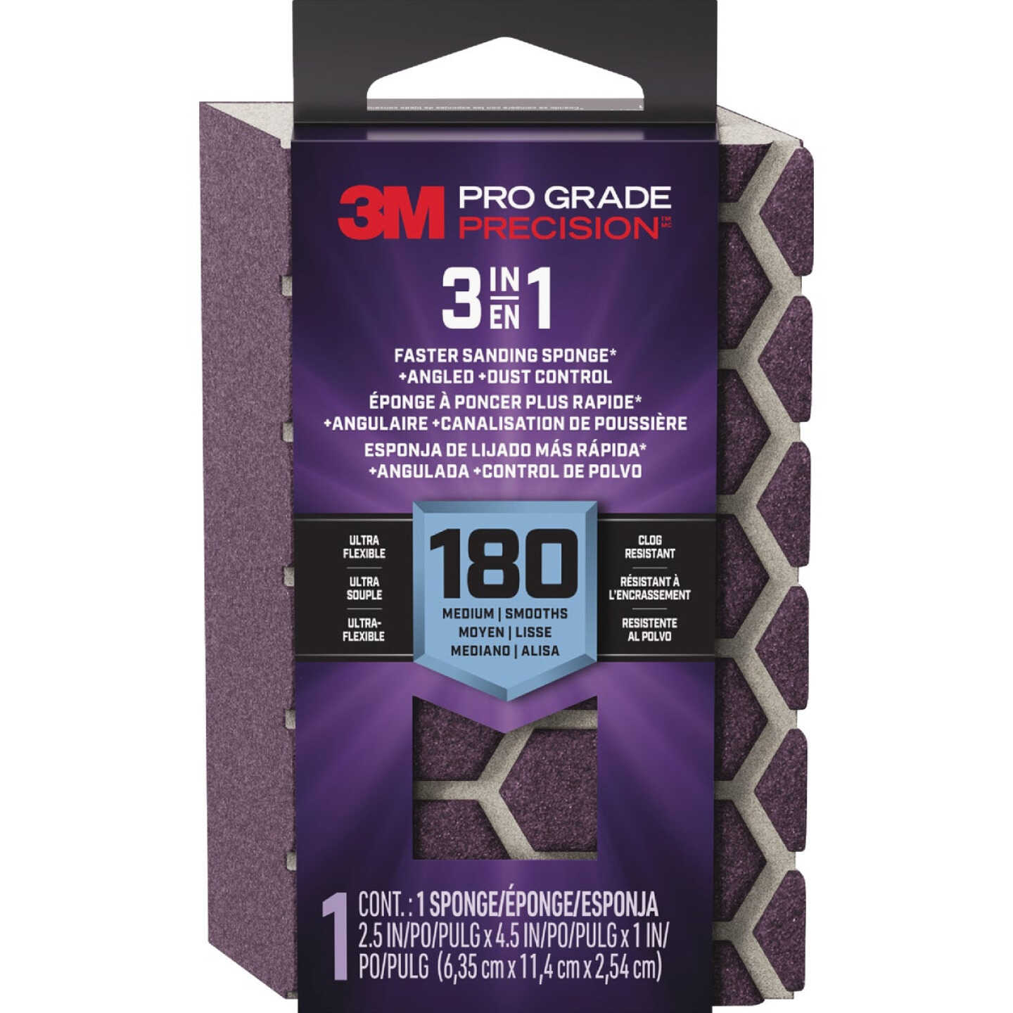 3M Pro Grade Precision 2.5 In. x 4.5 In. x 1 In. 180 Grit Medium 3-in-1 Sanding Sponge Image 1