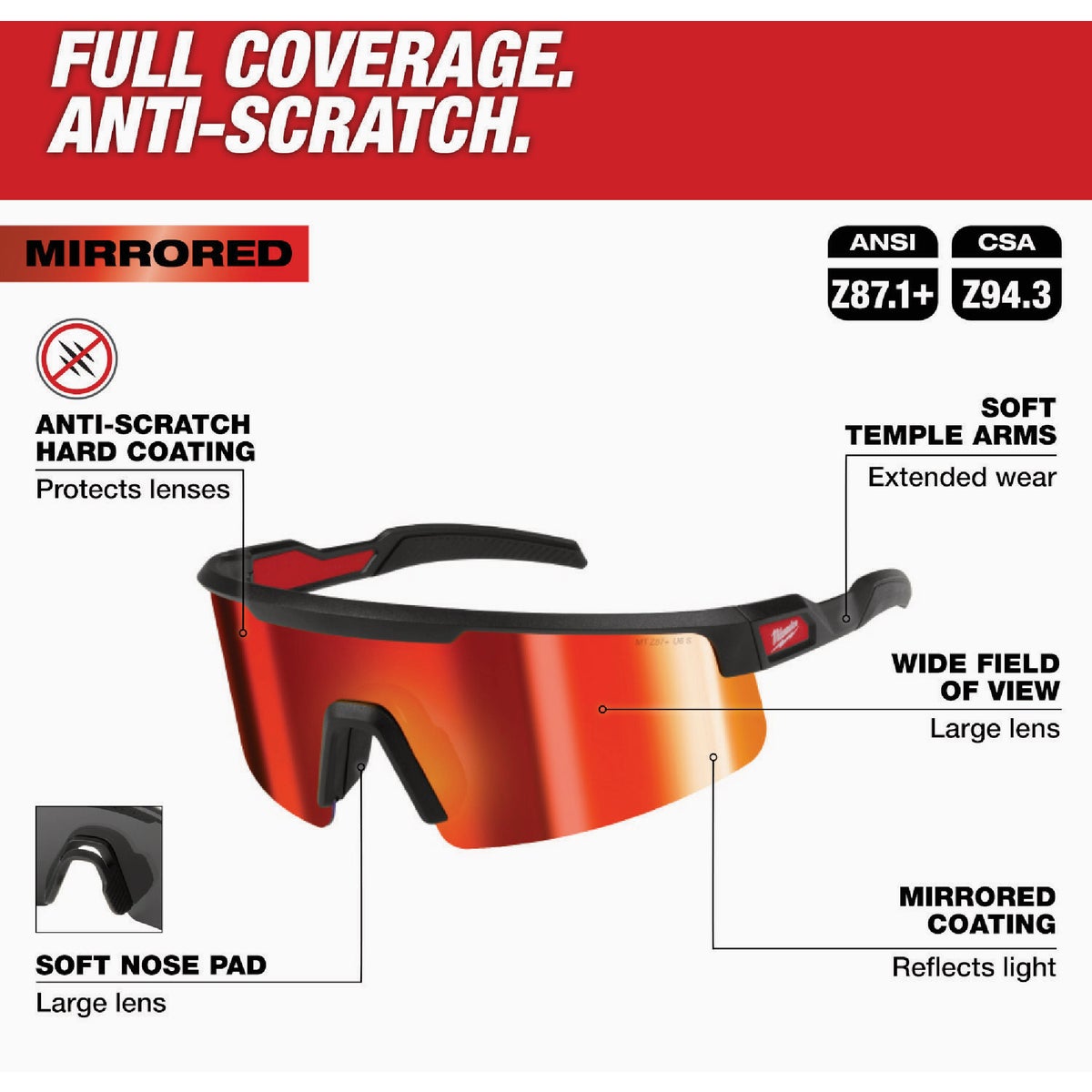 Milwaukee Wrap Around Safety Glasses with Red Mirrored Anti-Scratch Lenses Image 2