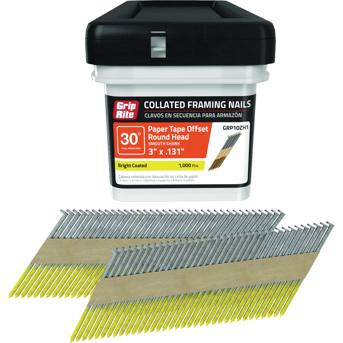 Grip-Rite 3 In. x 0.131 In. 30 Deg. Bright Coated Offset Round Head Smooth Shank Paper Tape Collated Framing Nail (1000-Count) Image 1