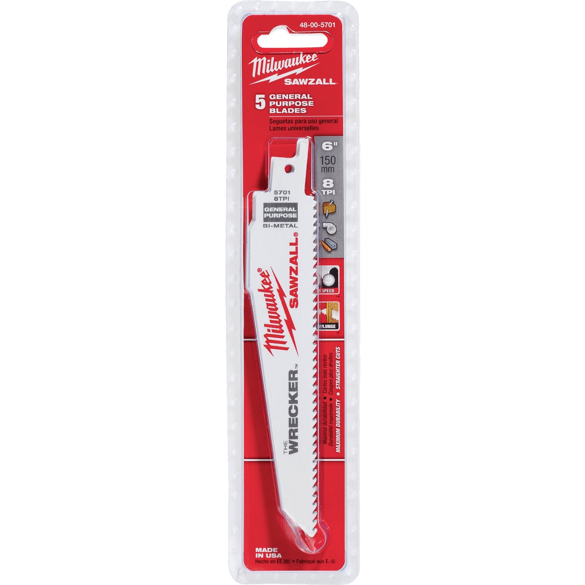 Milwaukee SAWZALL The WRECKER 6 In. 7/11 TPI Multi-Material Demolition Reciprocating Saw Blade (5-Pack) Image 2