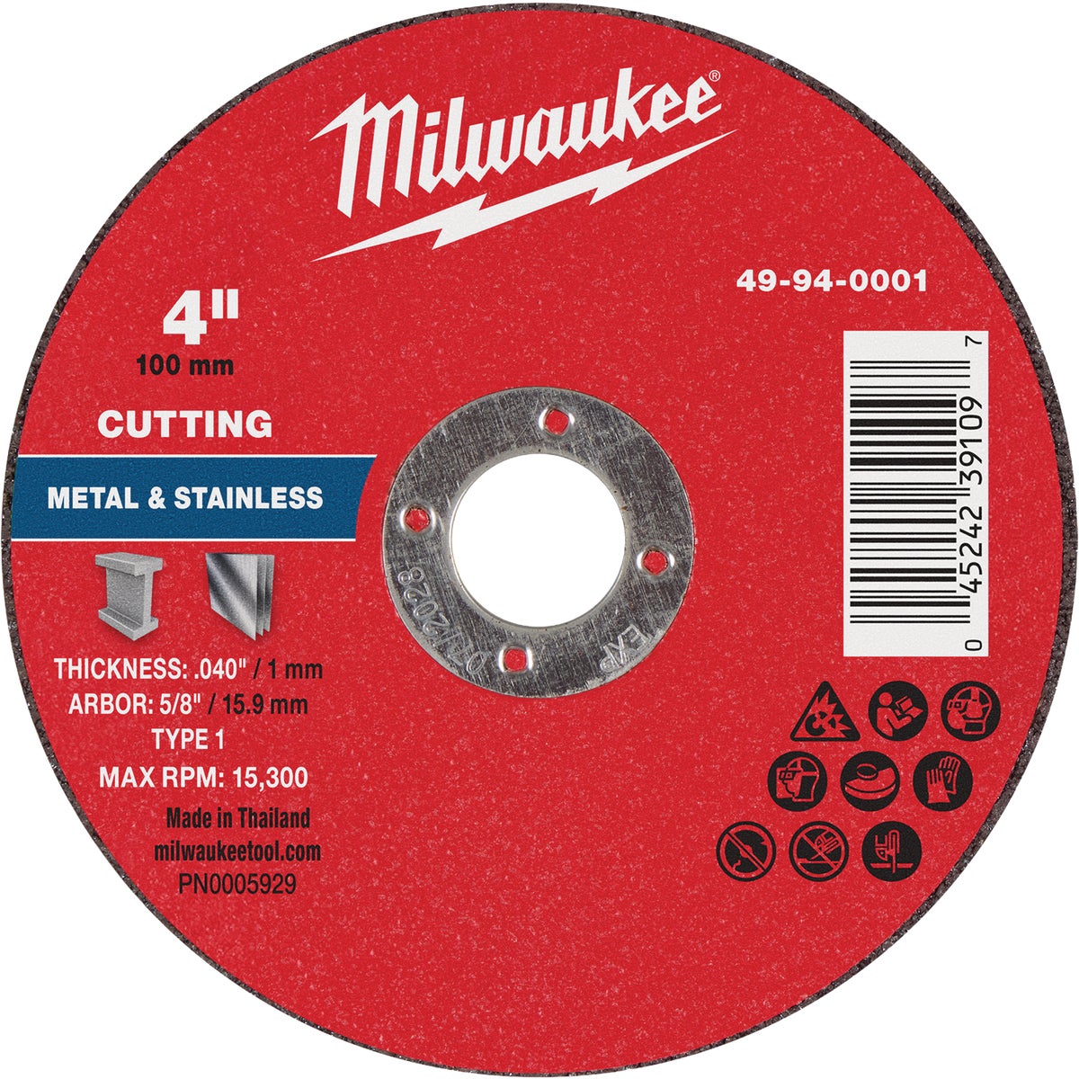 Milwaukee Type 1 4 In. x 0.040 In. x 5/8 In. Metal Cut Off Wheel