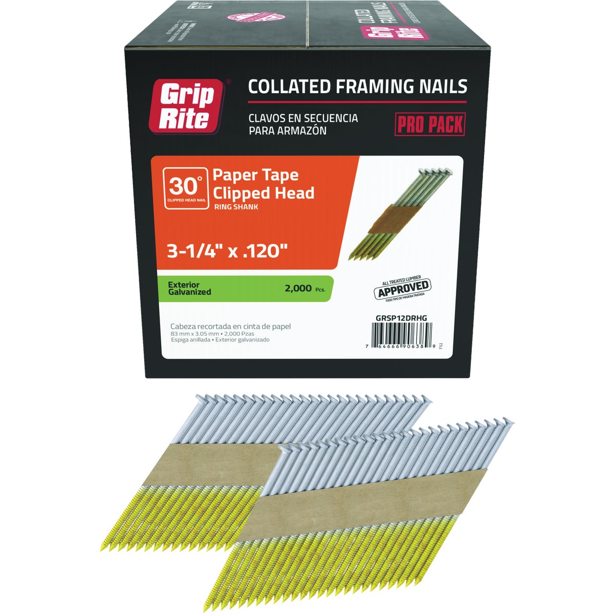 Grip-Rite 3-1/4 In. x 0.120 In. 30 Deg. Hot Galvanized Clipped Head Ring Shank Paper Tape Collated Framing Nail (2000-Count) Image 1