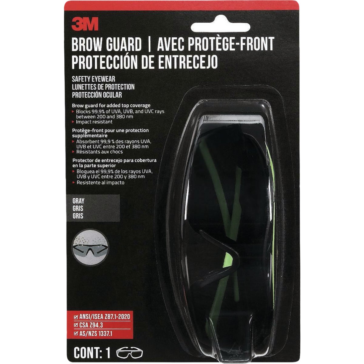 3M Black/Green Frame Brow Guard Safety Glasses with Gray Lenses Image 6