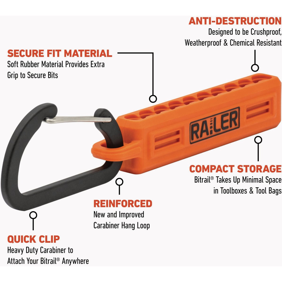 Railer 10-Hole Bitrail Black Bit Holder Storage Organizer with Carabiner Image 3