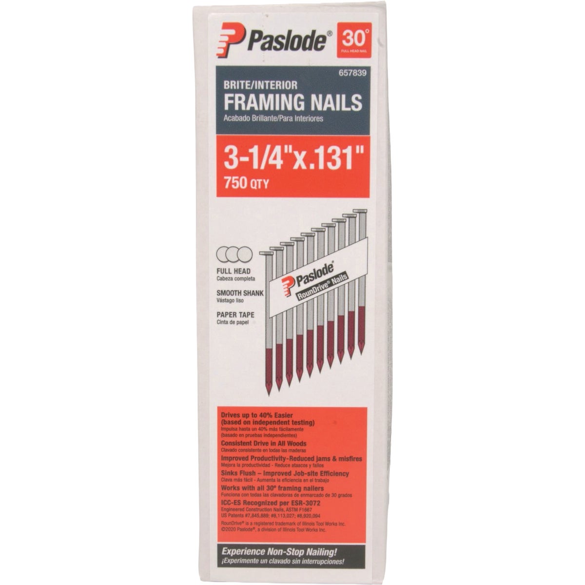 Paslode 3-1/4 In. x 0.131 In. 30 Deg. Paper Tape Smooth Shank Offset Roundrive Brite Collated Framing Nails (750-Count)