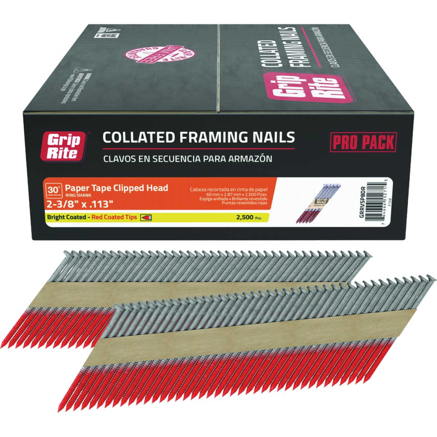 Grip-Rite 2-3/8 In. x 0.113 In. 30 Deg. Bright Ring Shank Clipped Head Paper Tape Collated Framing Nail (2500-Count) Image 1