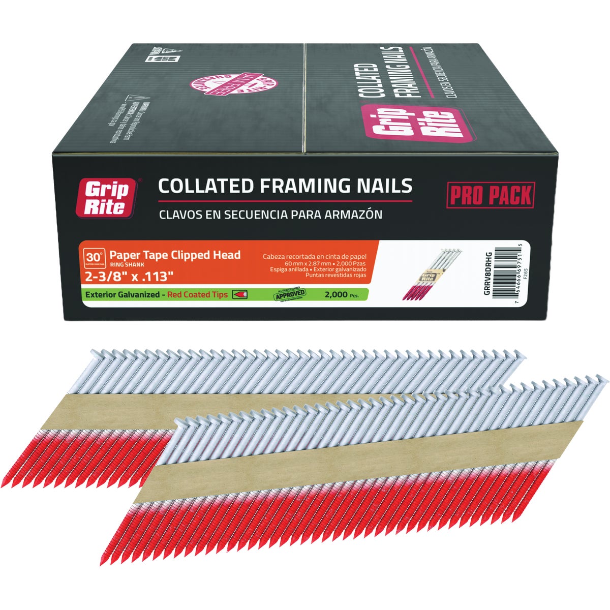 Grip-Rite 2-3/8 In. x 0.113 In. 30 Deg. Hot Galvanized Clipped Head Ring Shank Paper Tape Collated Framing Nail (2000-Count)