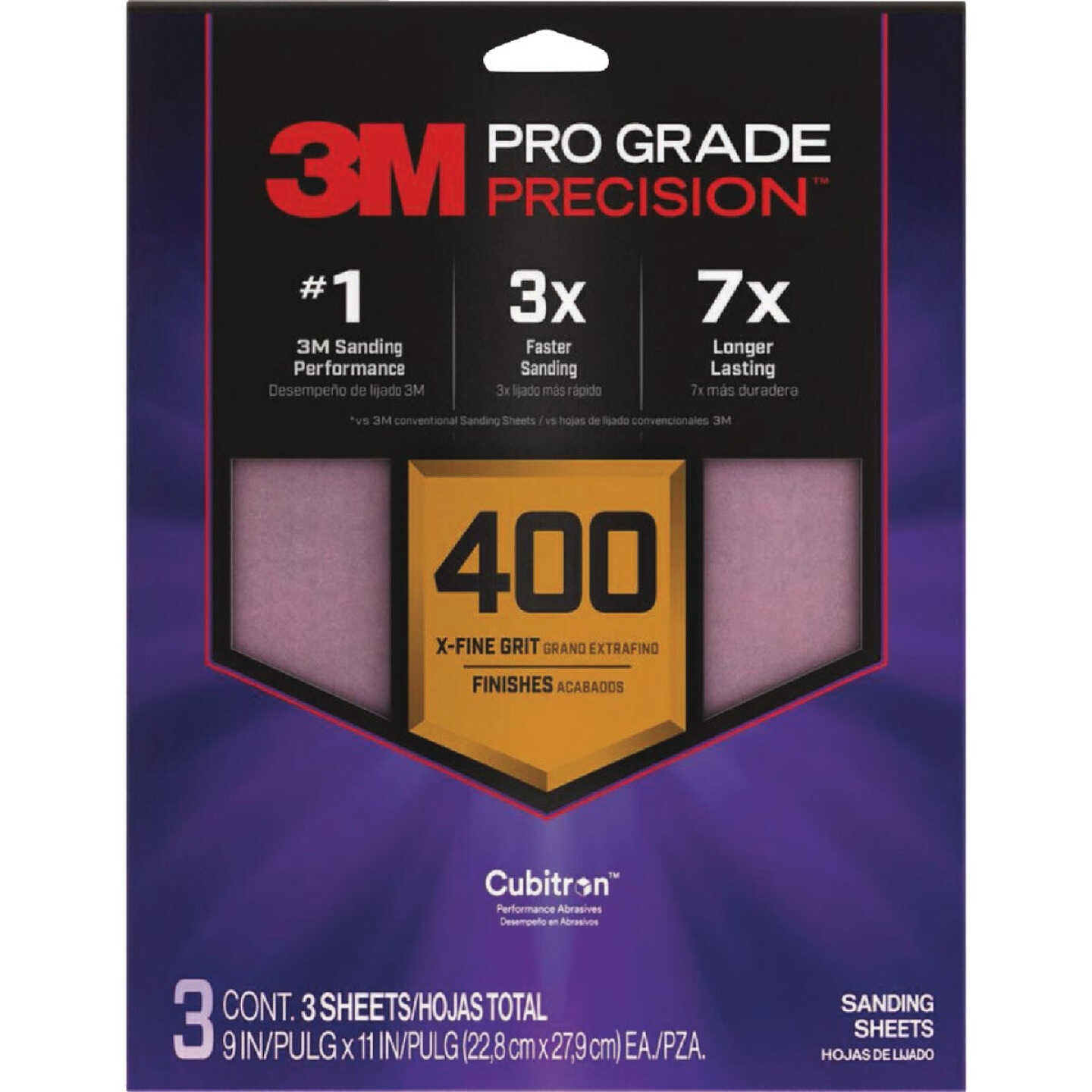 3M Pro Grade Precision 9 In. x 11 In. 400 Grit Sandpaper Sheet with No-Slip Grip Backing (3-Pack) Image 1