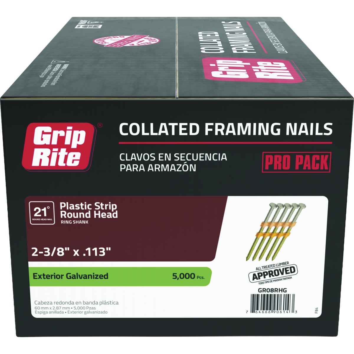 Grip-Rite 2-3/8 In. x 0.113 In. 21 Deg. Hot Galvanized Round Head Ring Shank Plastic Strip Collated Framing Nail (5000-Count)