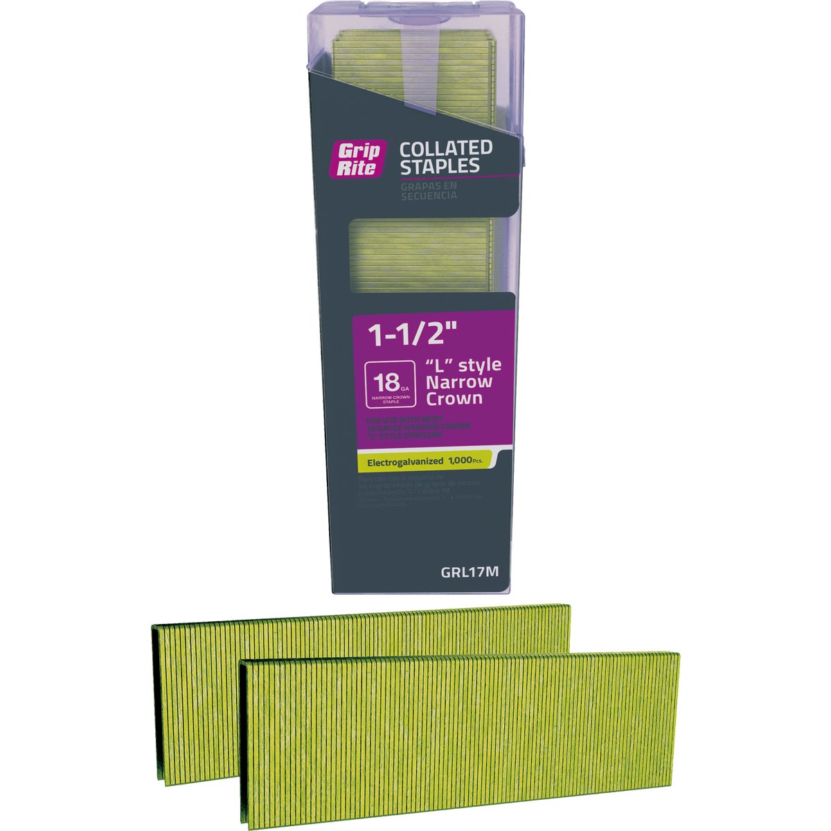 Grip-Rite 1/4 In. x 1-1/2 In. 18 ga Electrogalvanized L-Style Collated Narrow Crown Staple (1000-Count) Image 1