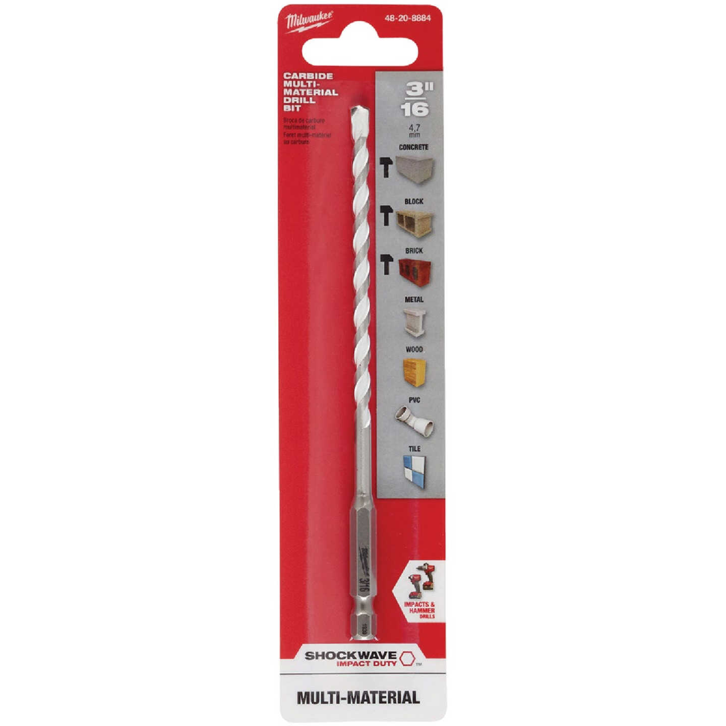 Milwaukee SHOCKWAVE 3/16 In. x 6 In. Impact Duty Carbide Multi-Material Hex Shank Drill Bit Image 2