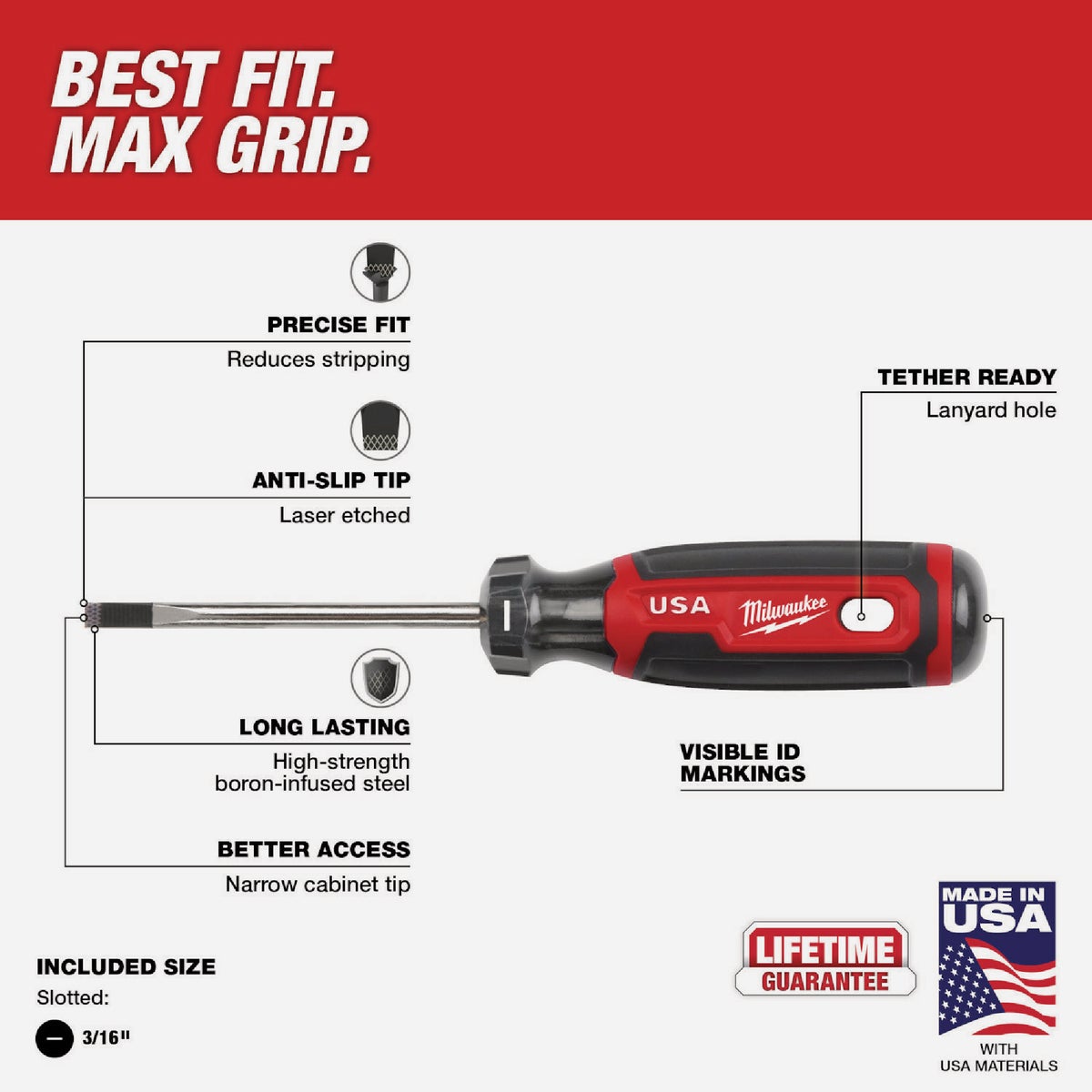 Milwaukee 3/16 In. x 3 In. Cushion Grip Cabinet Tip Slotted Screwdriver (USA) Image 3