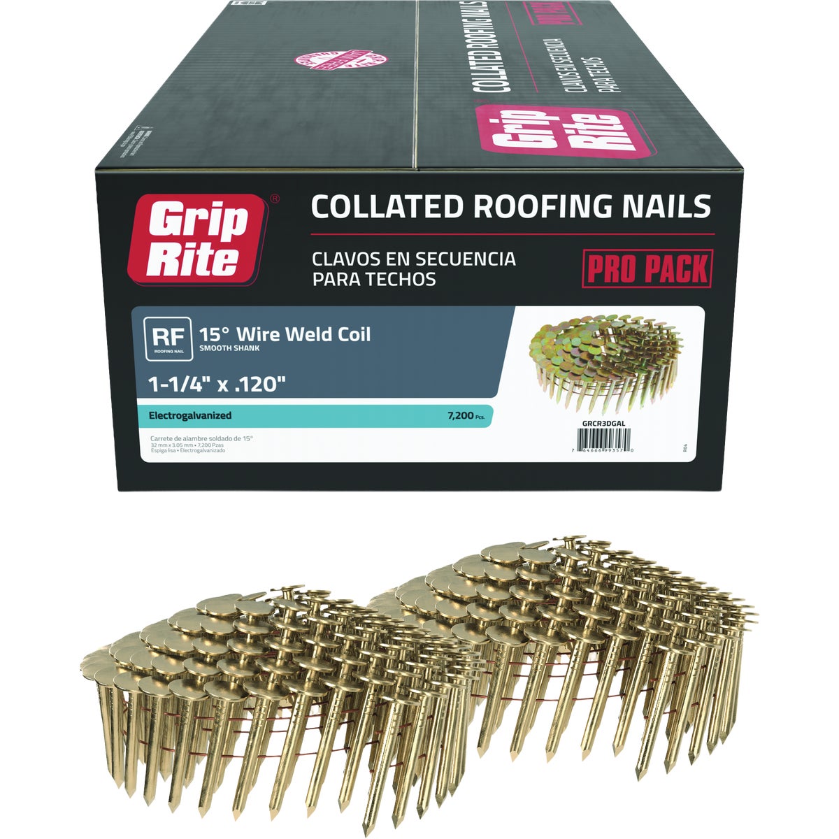 Grip-Rite 1-1/4 In. x 0.120 In. 15 Deg. Electrogalvanized Full Round Head Smooth Shank Wire Coil Collated Roofing Nail (7200-Count) Image 1