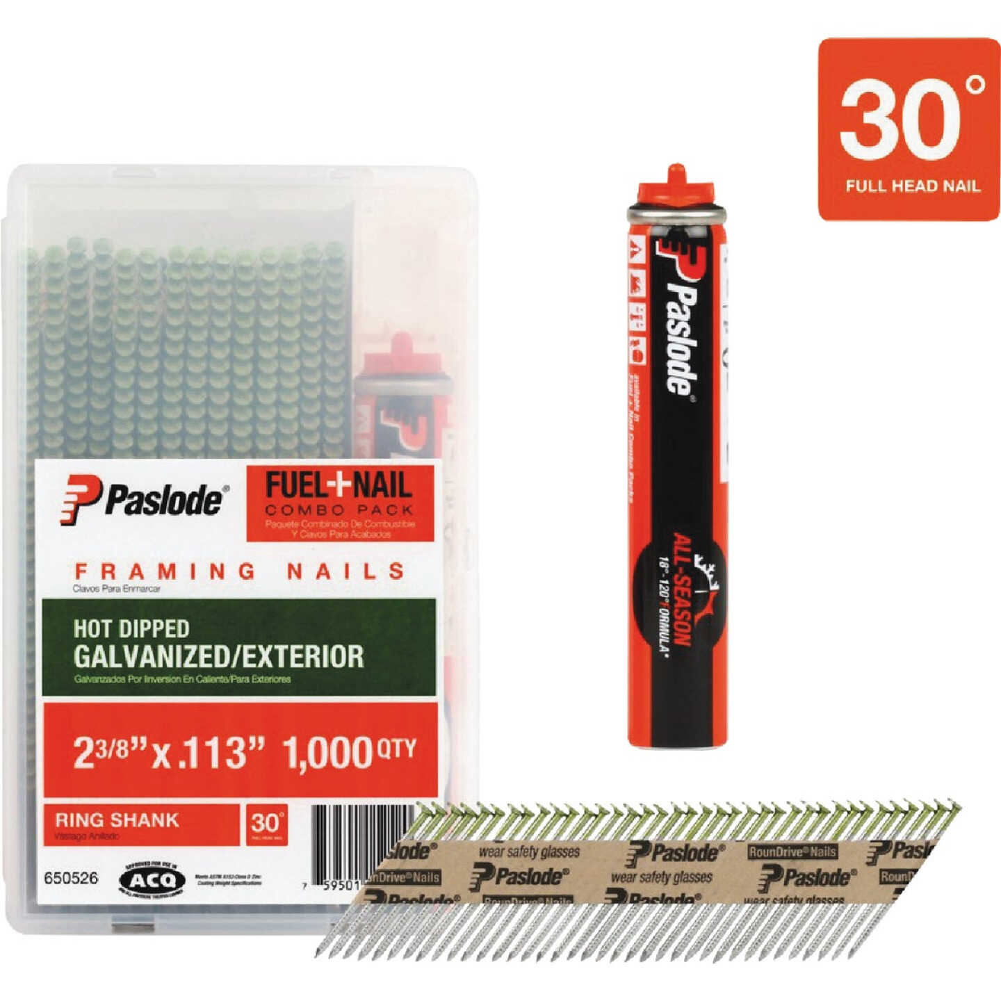 Paslode 2-3/8 In. x 0.113 In. 30 Degree Paper Tape Hot Dipped Galvanized Plus Ring Shank RounDrive Framing Nails with (1) Framing Fuel Cell (1000 Ct.) Image 1