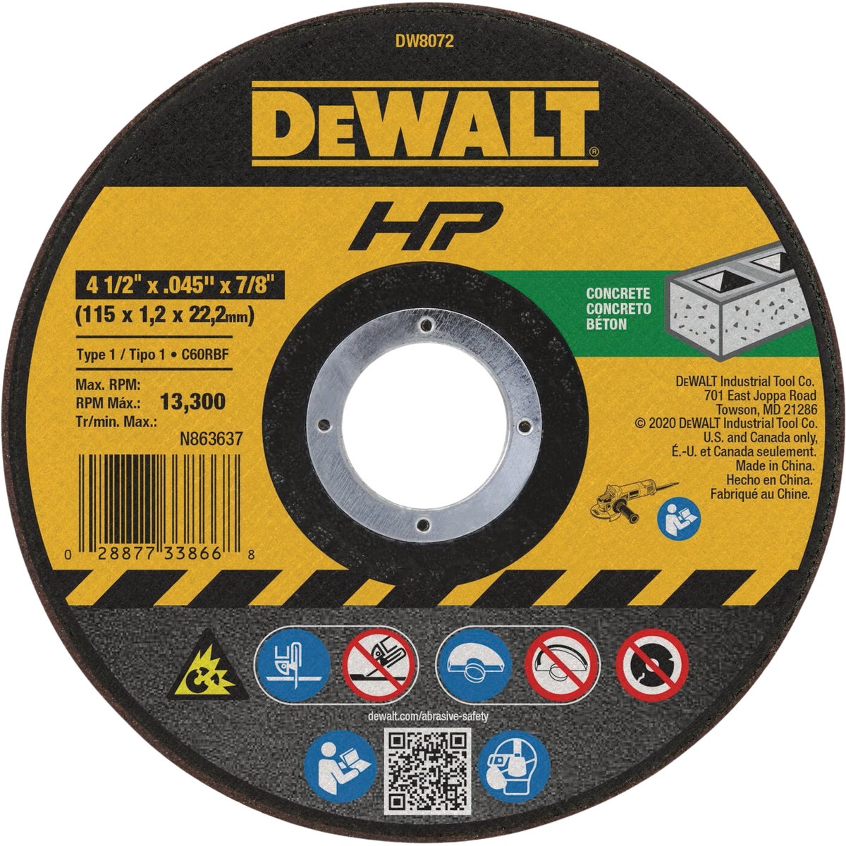 DEWALT HP Type 1 4-1/2 In. x 0.045 In. x 7/8 In. Concrete & Masonry Cut-Off Wheel
