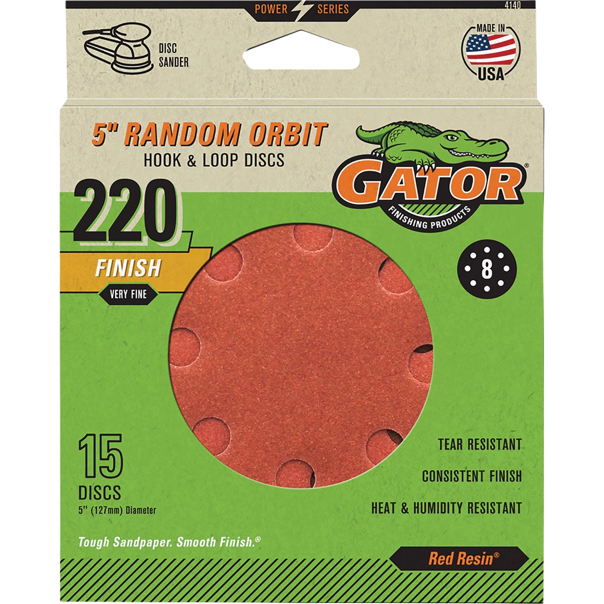 Gator 5 In. 8-Hole 220-Grit Hook & Loop Sanding Disc (15-Pack)