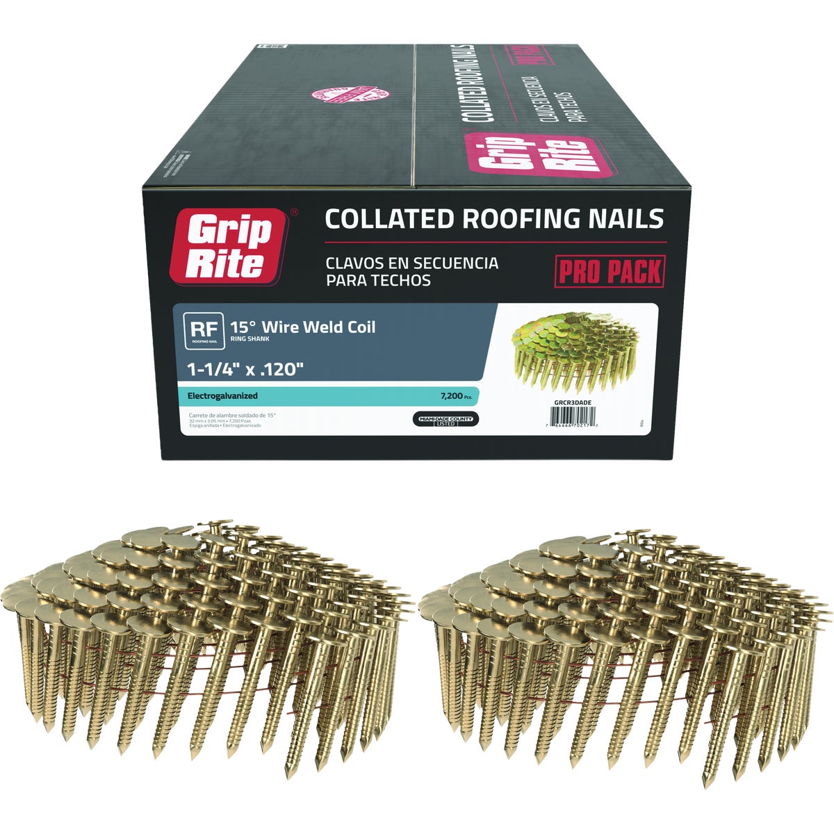 Grip-Rite 1-1/4 In. x 0.120 In. 15 Deg. Electrogalvanized Full Round Head Ring Shank Wire Coil Collated Roofing Nail (7200-Count)