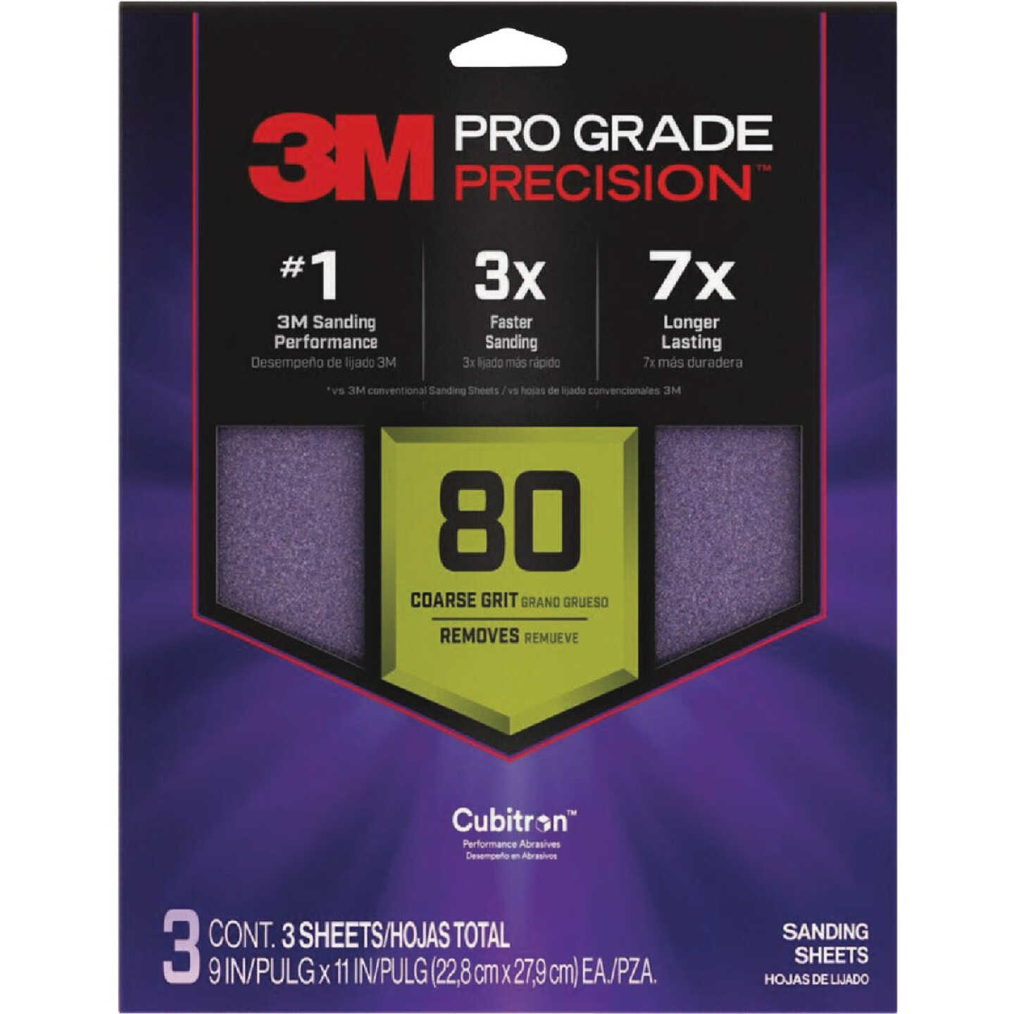 3M Pro Grade Precision 9 In. x 11 In. 80 Grit Sandpaper Sheet with No-Slip Grip Backing (3-Pack) Image 1